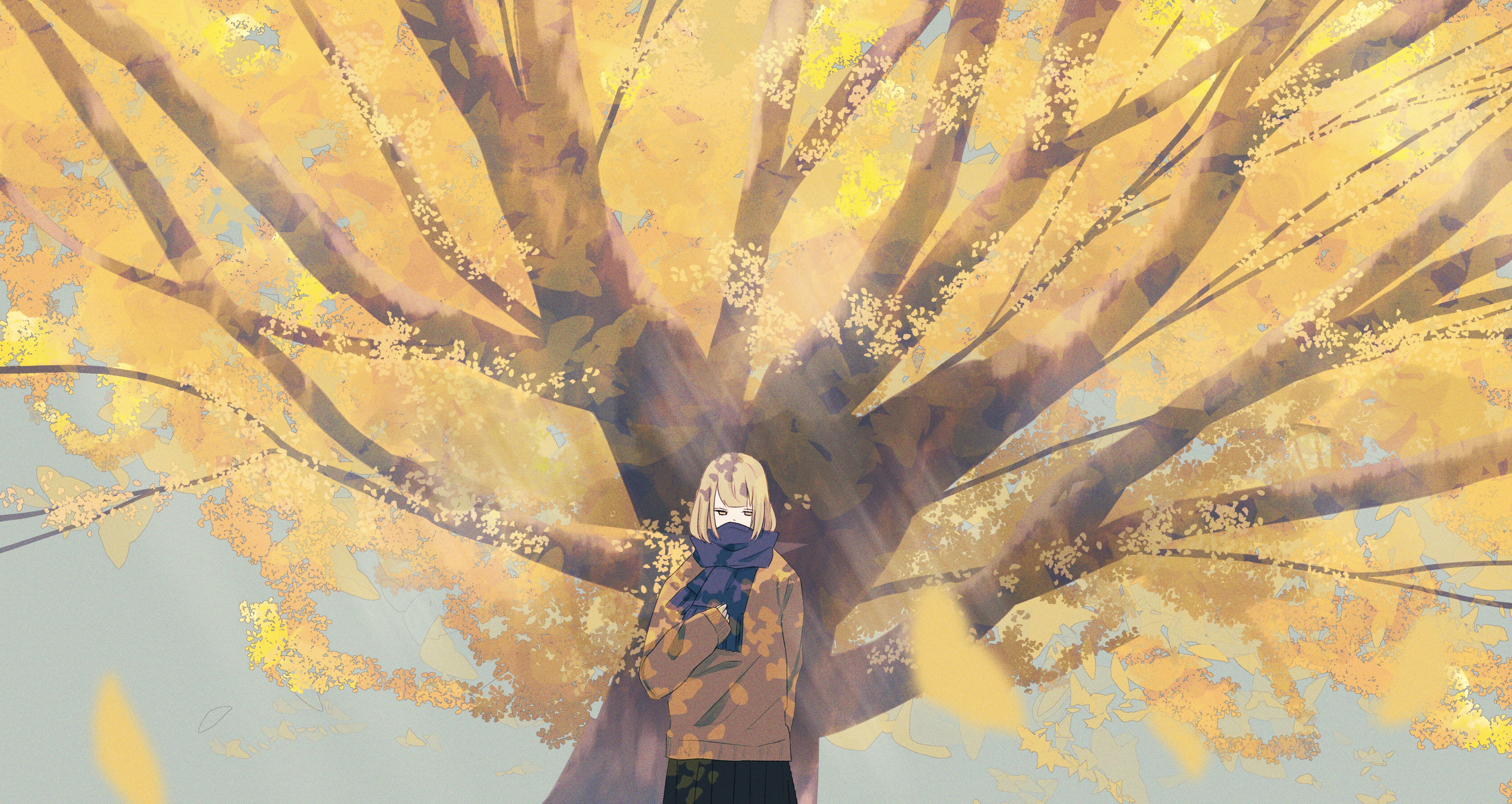 Girl standing under a large tree with yellow leaves HD Wallpaper