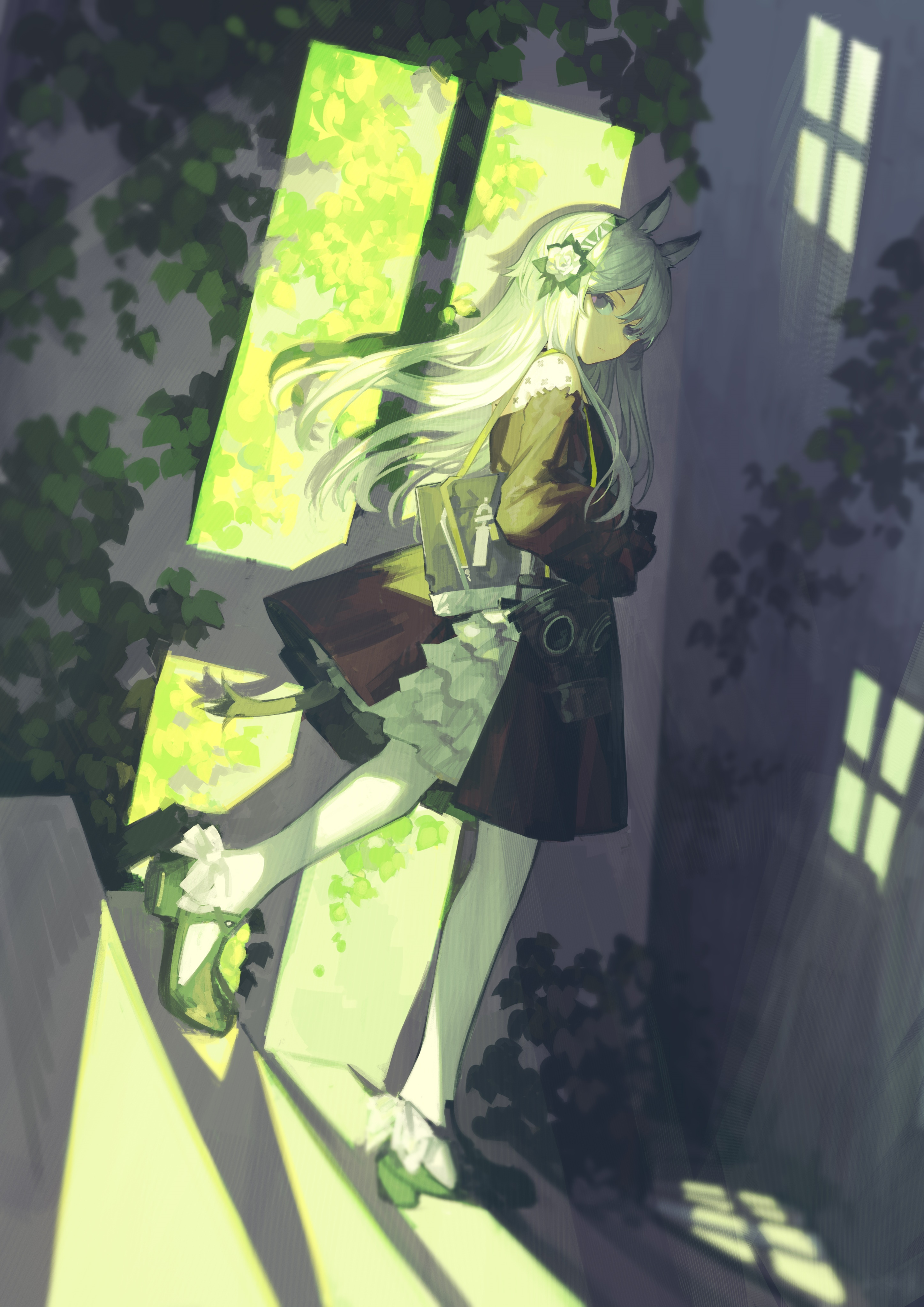 Heavyrain from Arknights walking down stairs with leaves HD Phone Wallpaper
