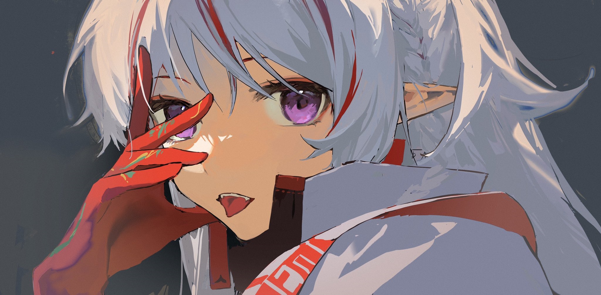 Nian from Arknights with purple eyes and tongue out HD Wallpaper