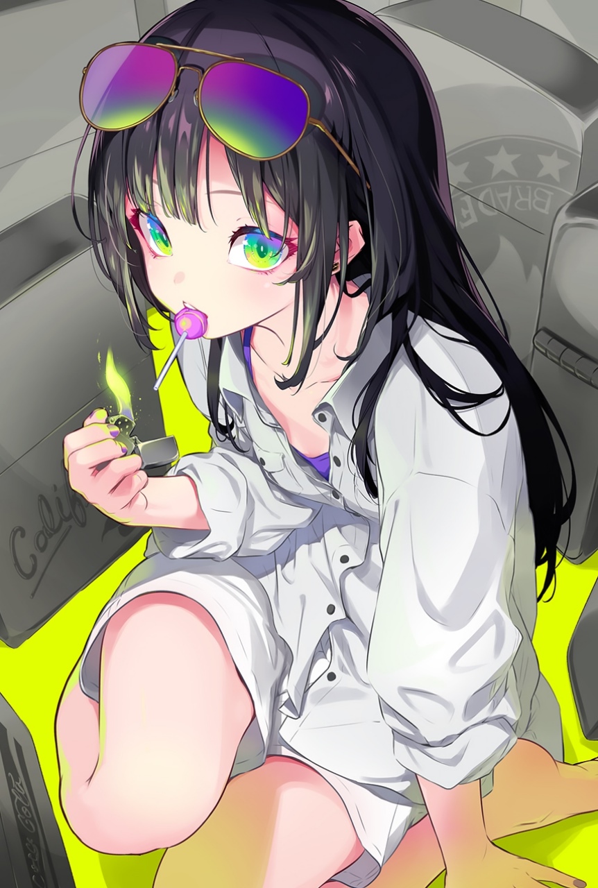 Girl with sunglasses, lollipop, and lighter HD Phone Wallpaper