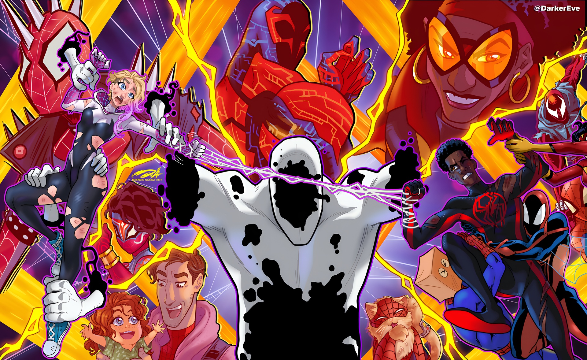 Spider-Verse Characters in a Cosmic Battle HD Wallpaper