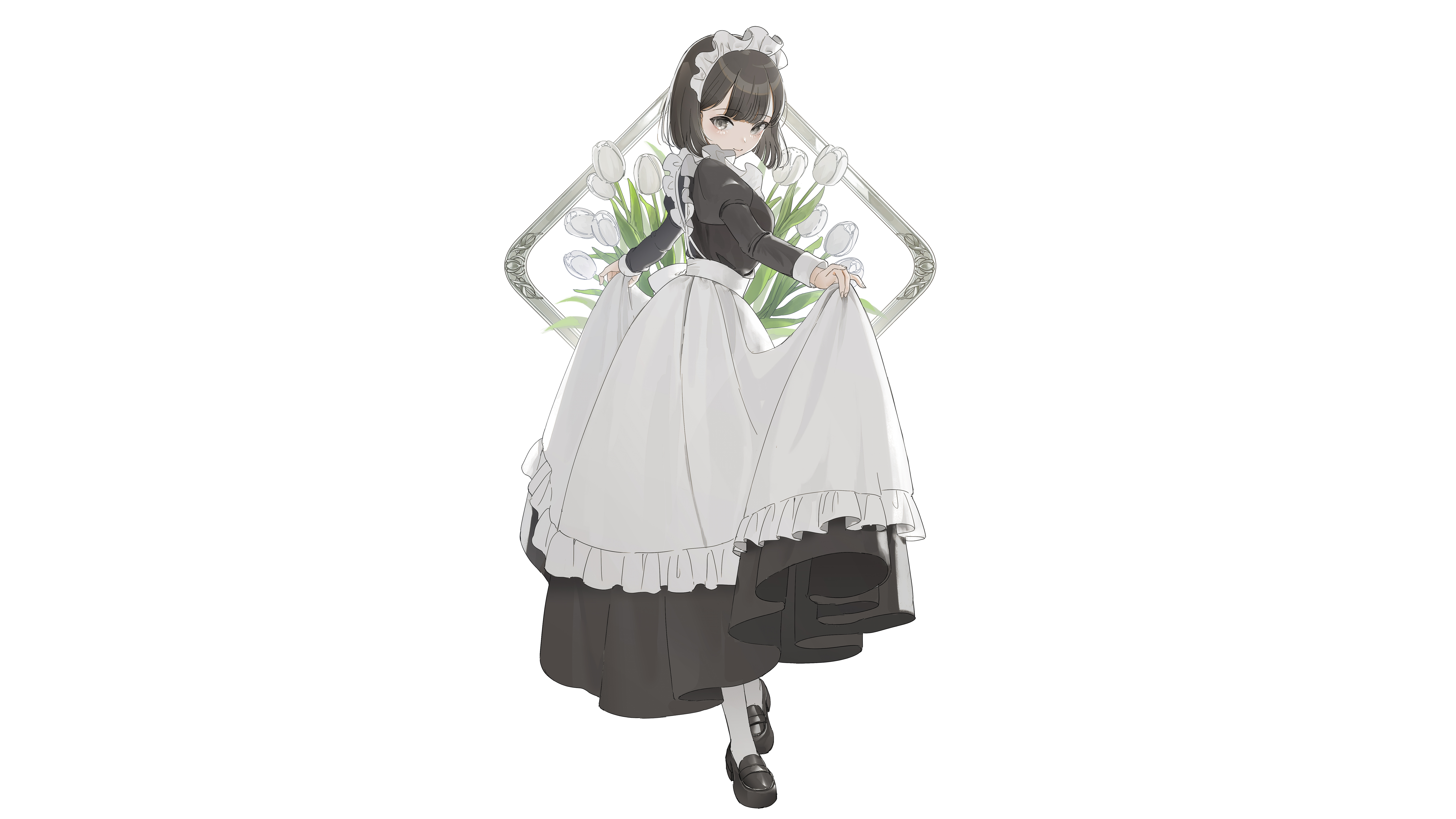 Maid lifting her dress with white tulips HD Wallpaper