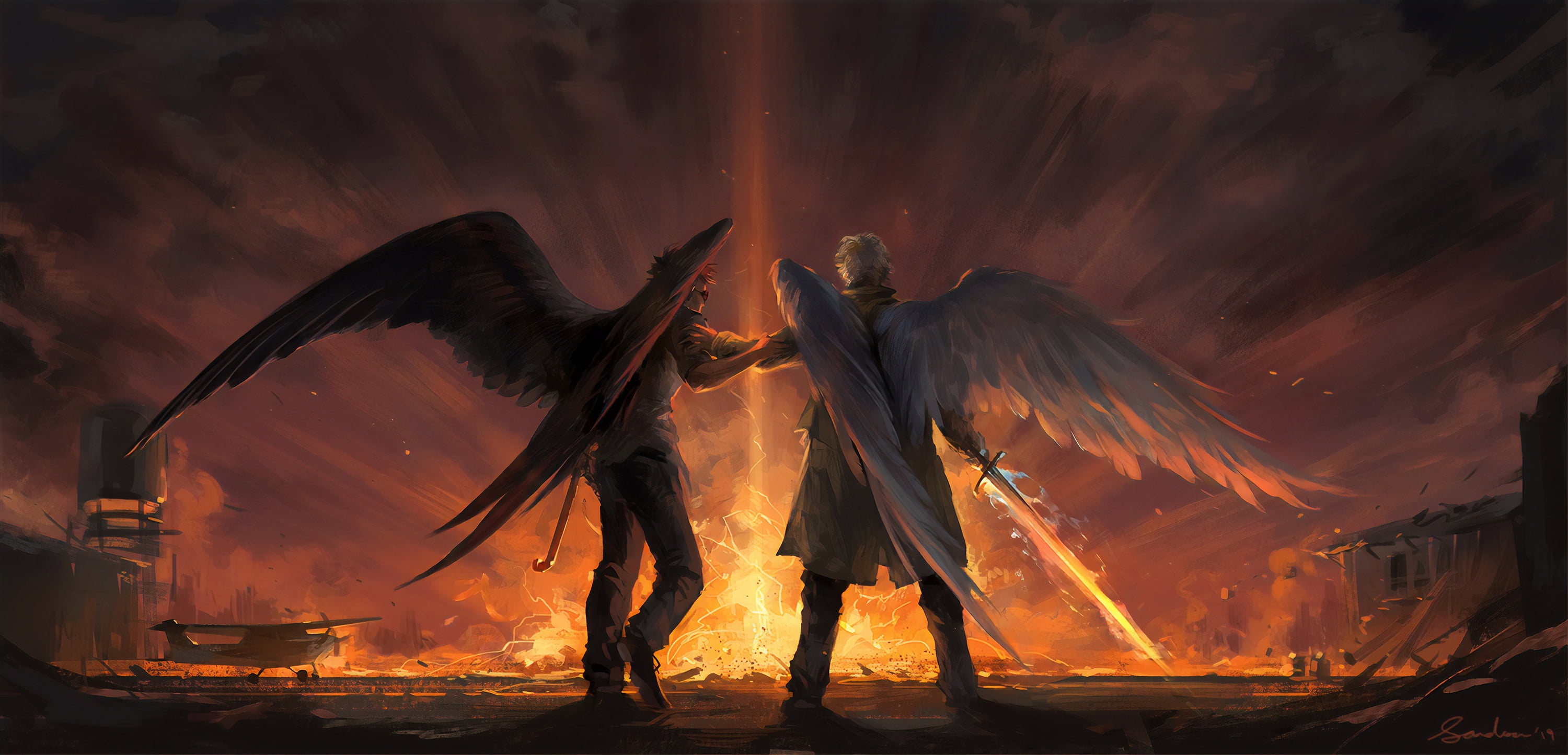 Good Omens: Angel and Demon with Flaming Sword HD Wallpaper