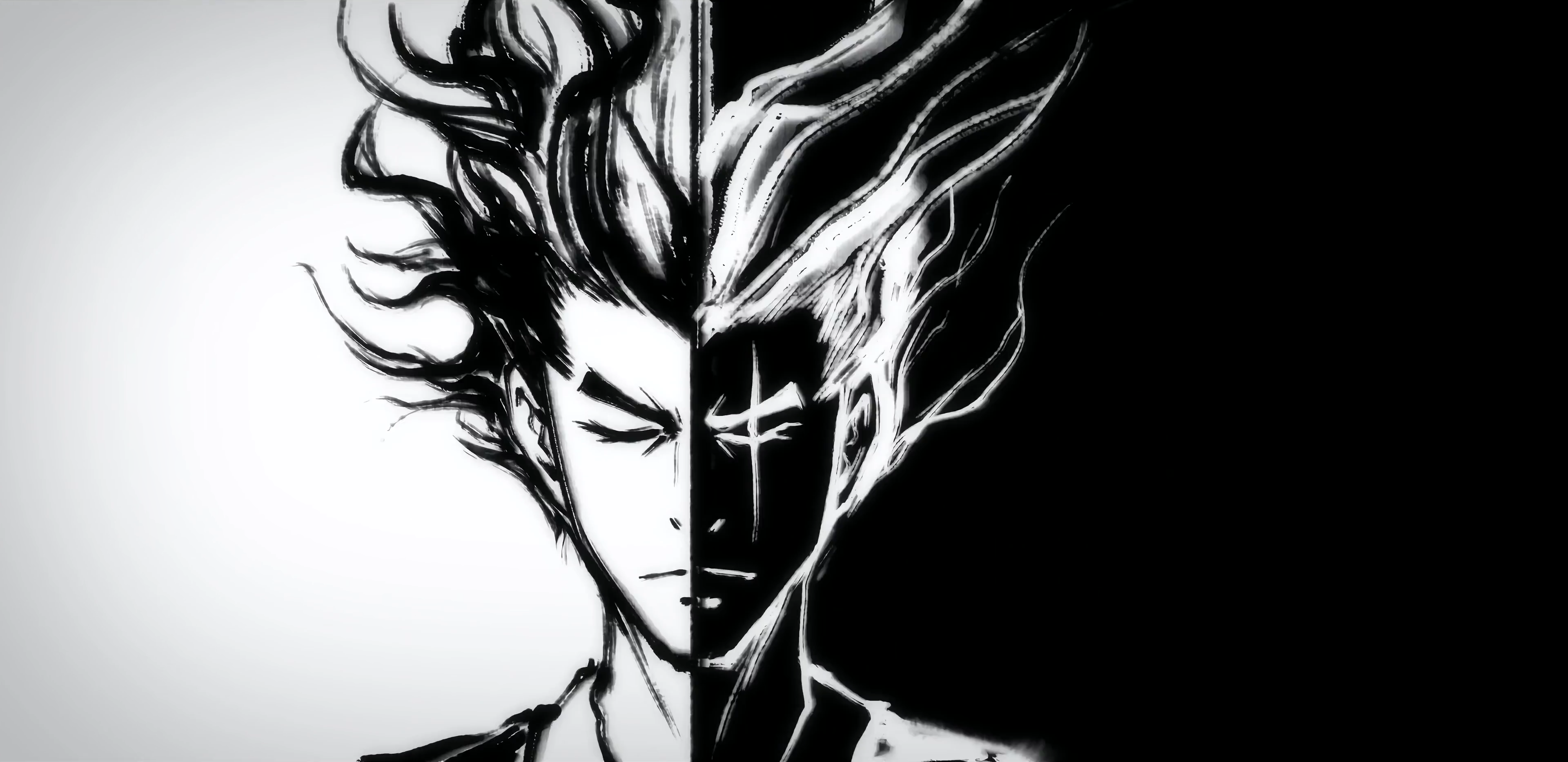 Monochrome Anime Man with Two-Tone Background HD Wallpaper