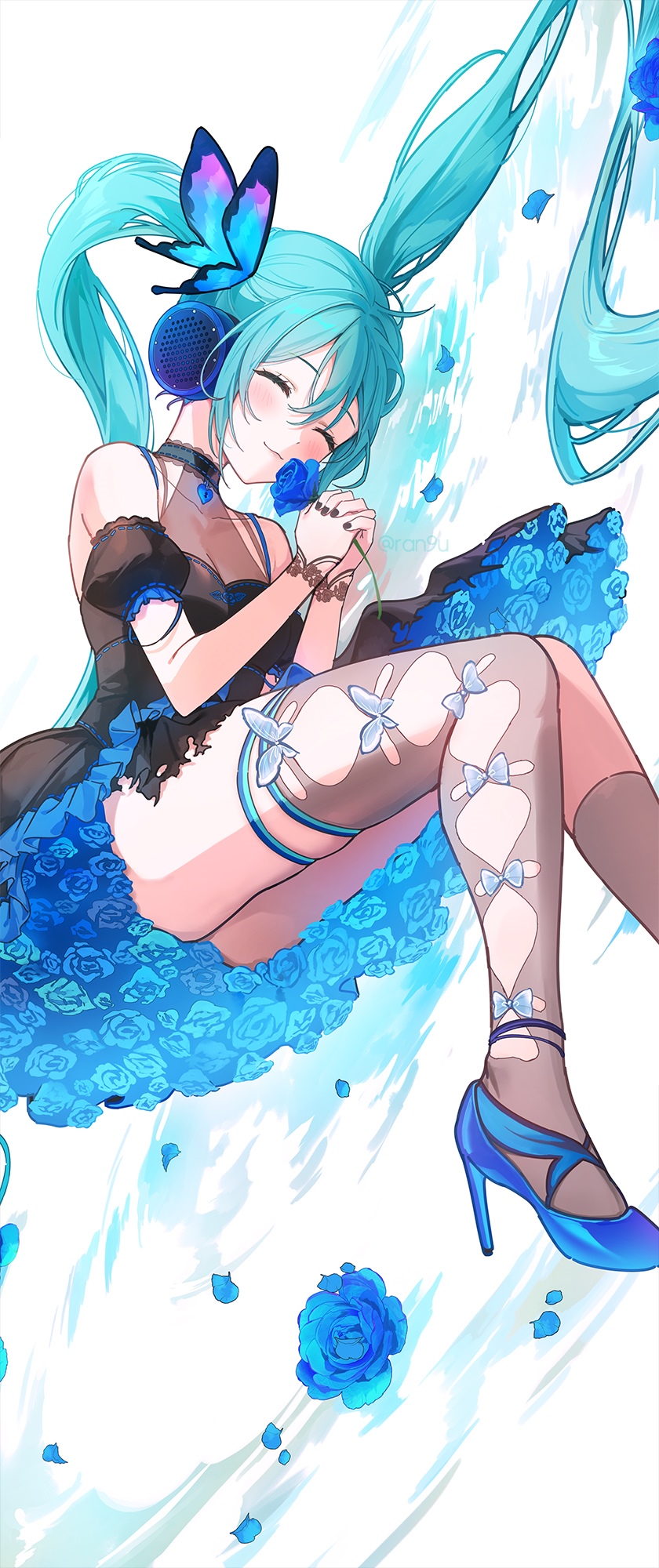 Hatsune Miku with Blue Roses and Butterfly HD Phone Wallpaper