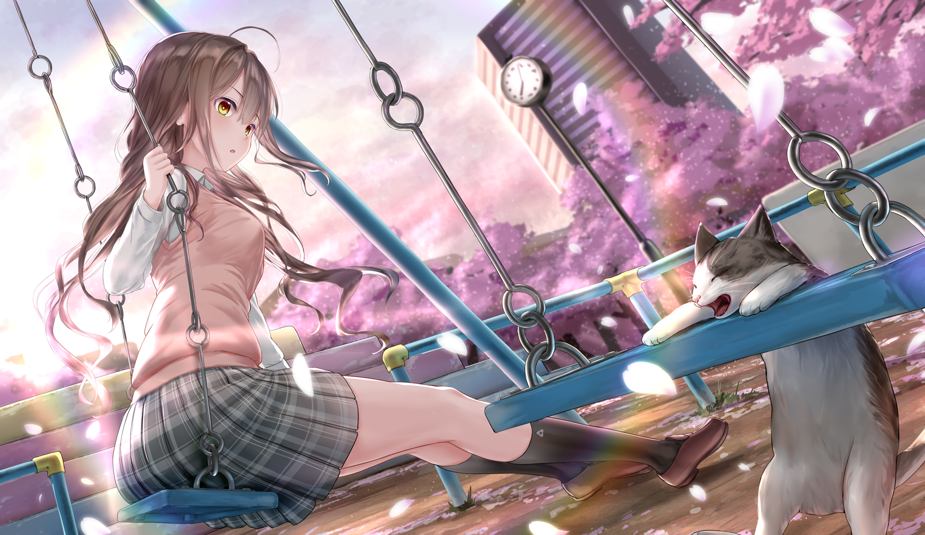 Girl on a swing with a cat under cherry blossoms HD Wallpaper