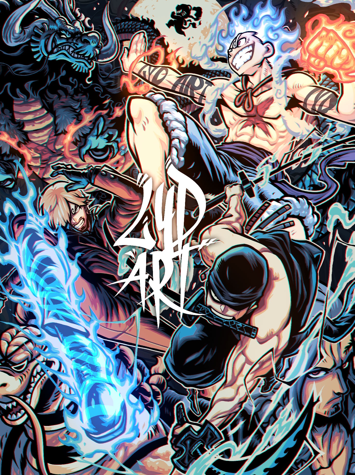 One Piece: Luffy, Zoro, Sanji, and Kaido Battle HD Phone Wallpaper