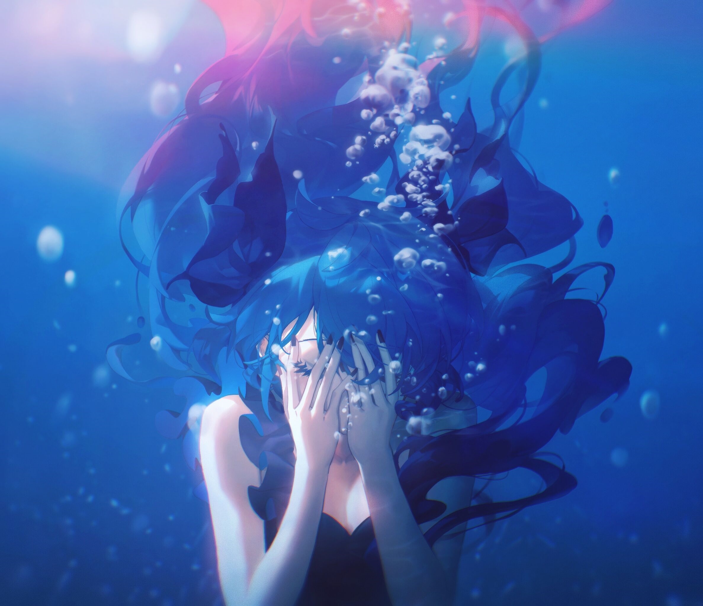 Hatsune Miku underwater with blue hair and bubbles HD Wallpaper