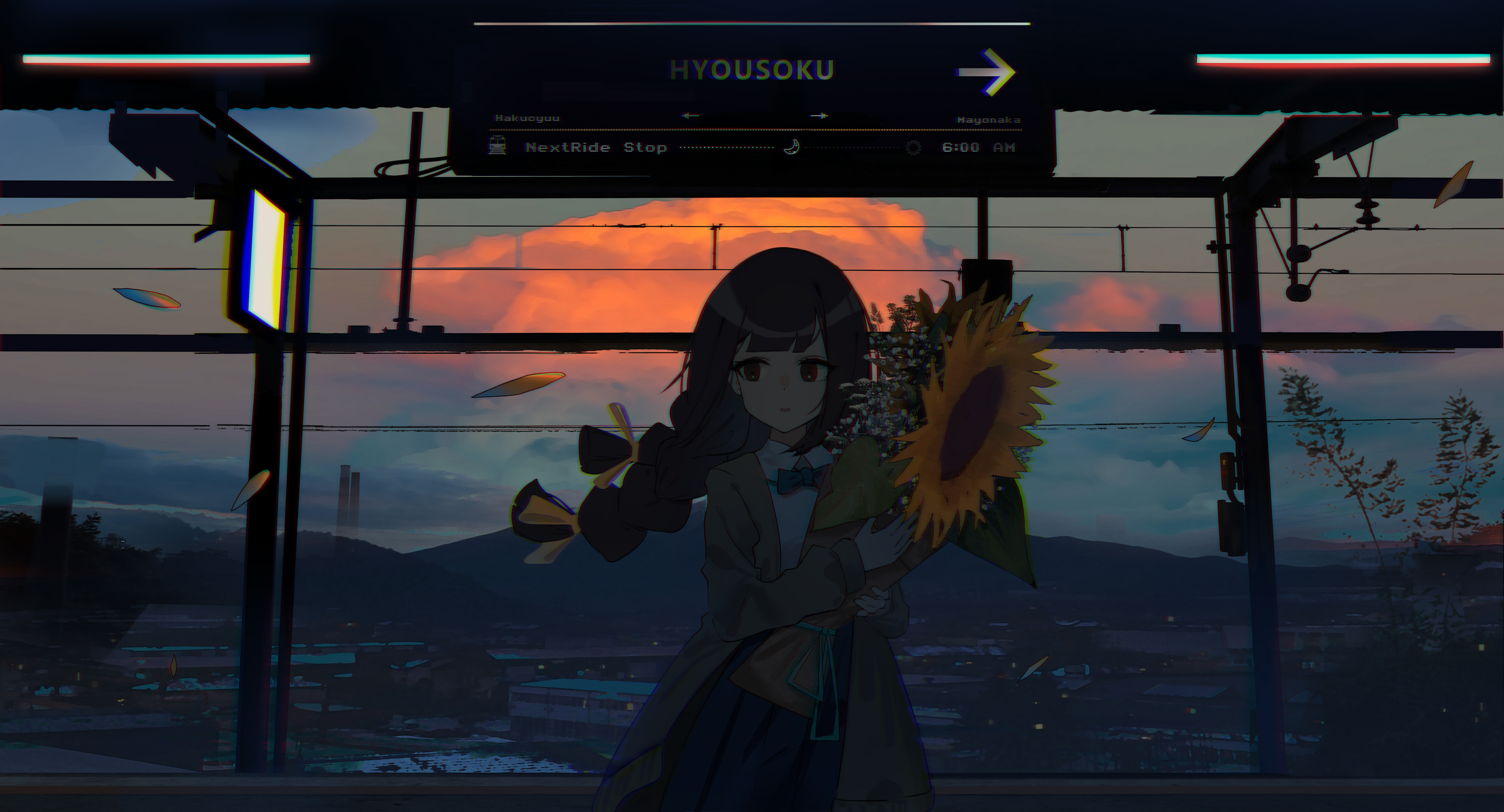 Girl with Sunflower at Station HD Wallpaper