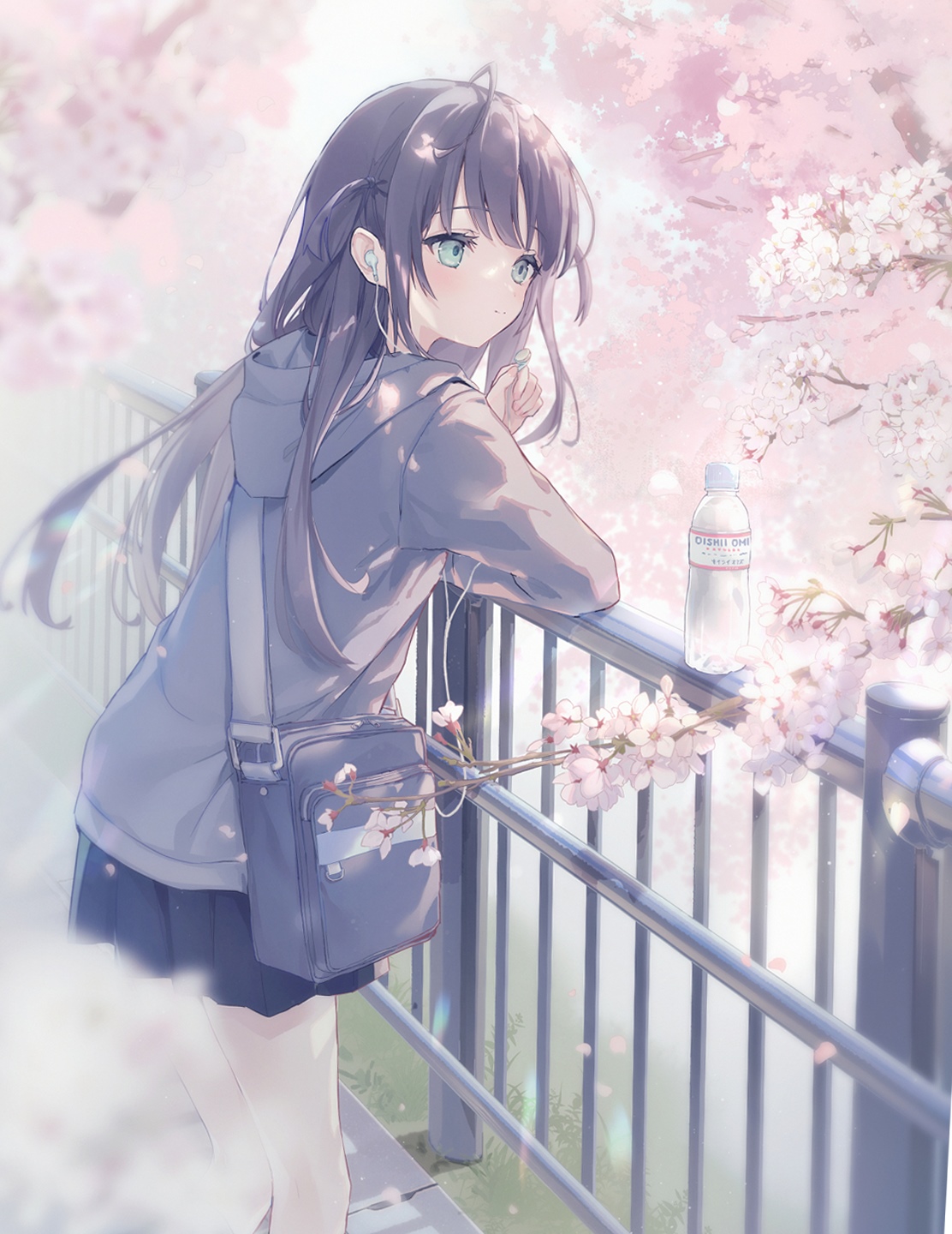 Anime girl with earphones and bag near cherry blossoms HD Phone Wallpaper