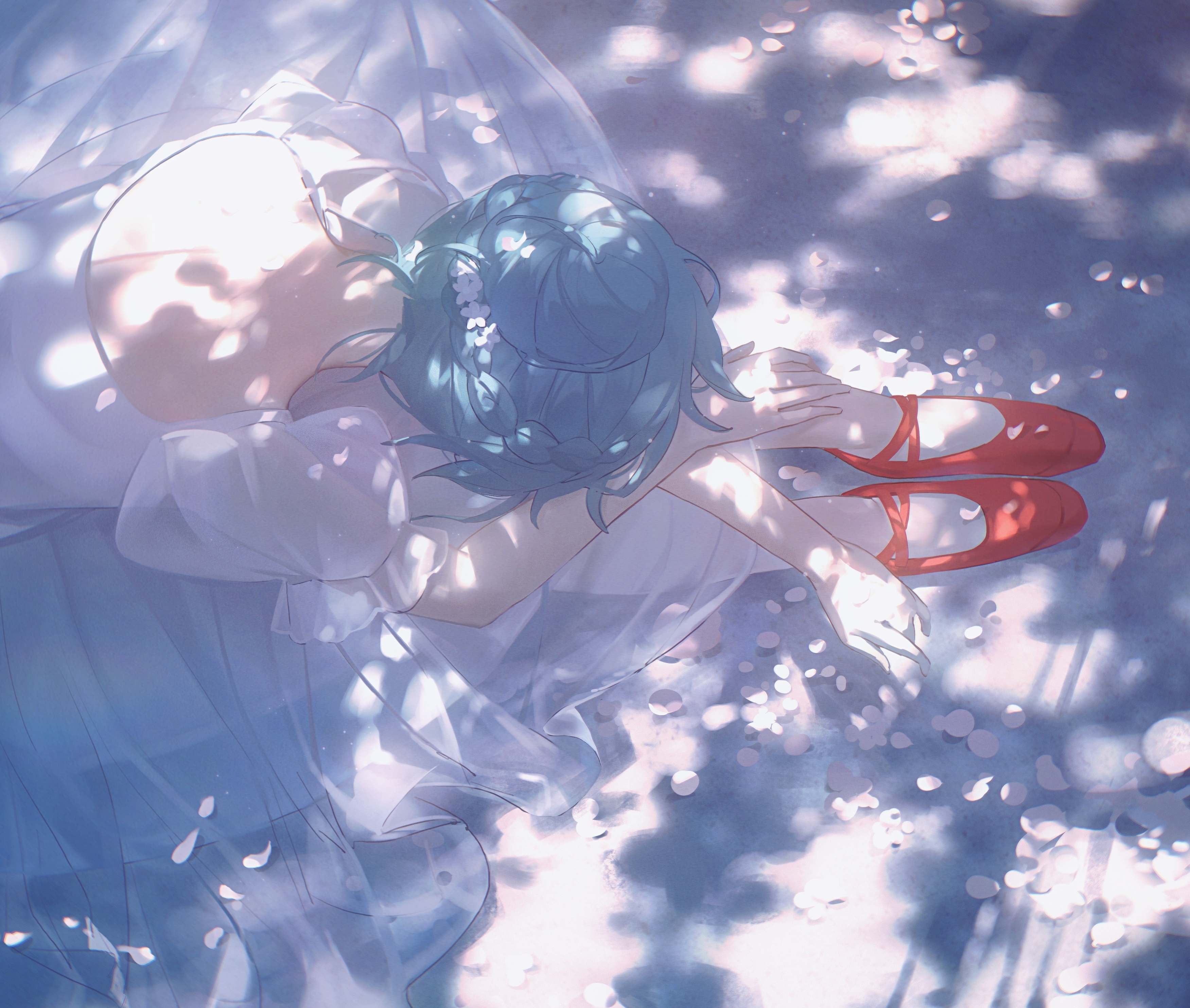 Girl with blue hair and red ballet shoes HD Wallpaper