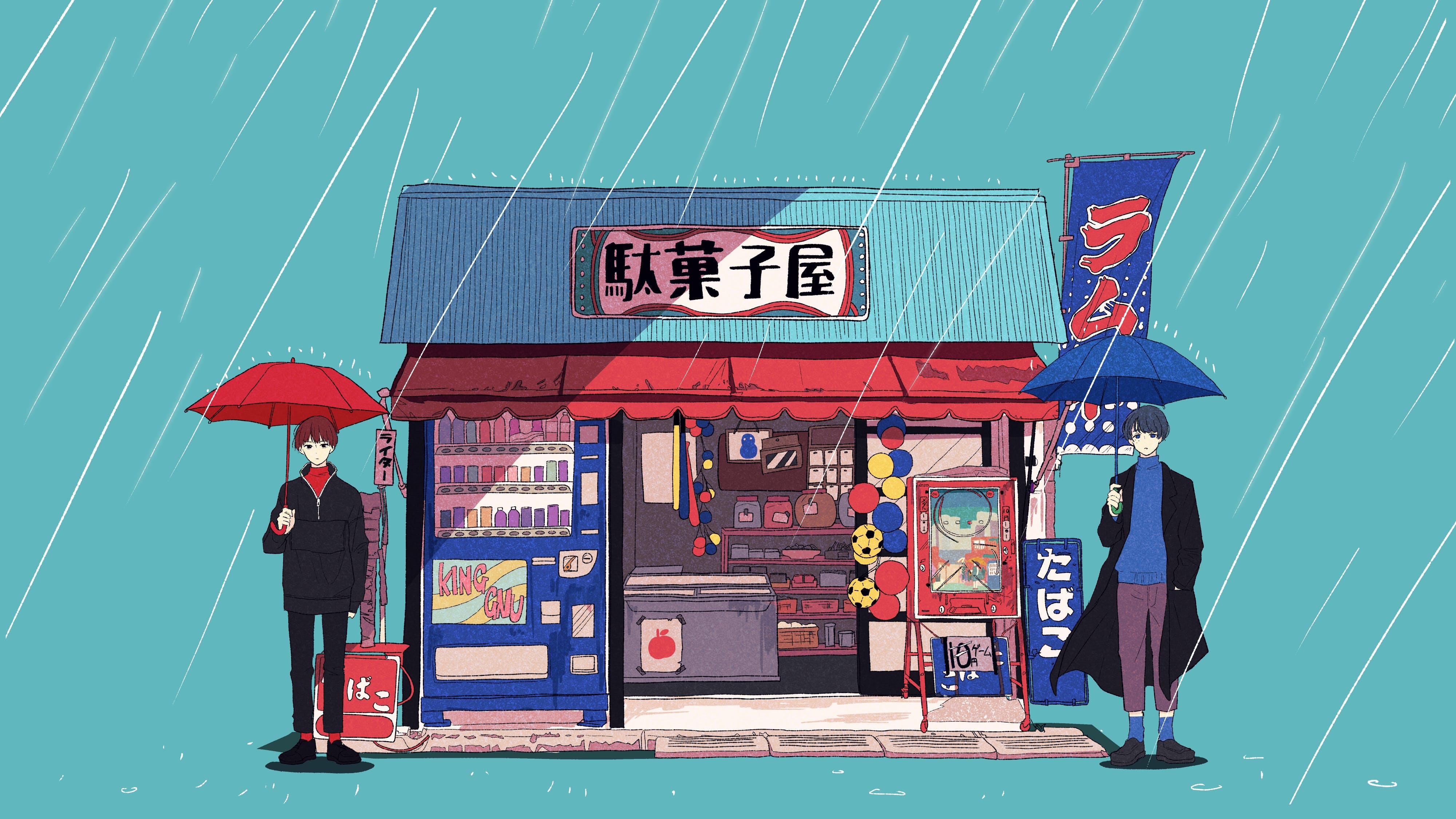 Anime boys with umbrellas in front of a Japanese store in the rain HD Wallpaper