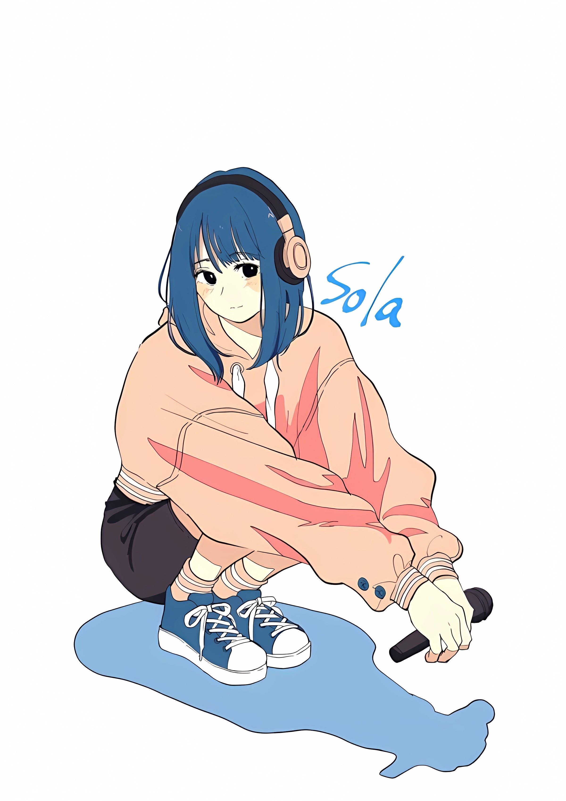Girl with blue hair and headphones holding a microphone HD Phone Wallpaper