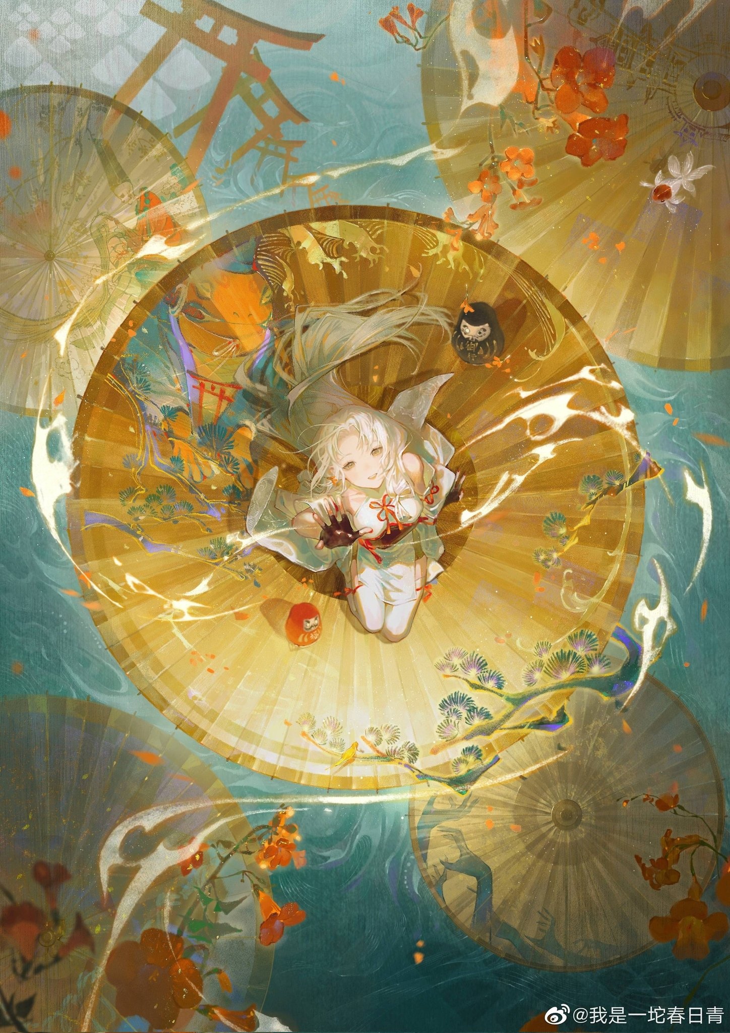 Onmyoji girl with umbrellas and flowers HD Phone Wallpaper