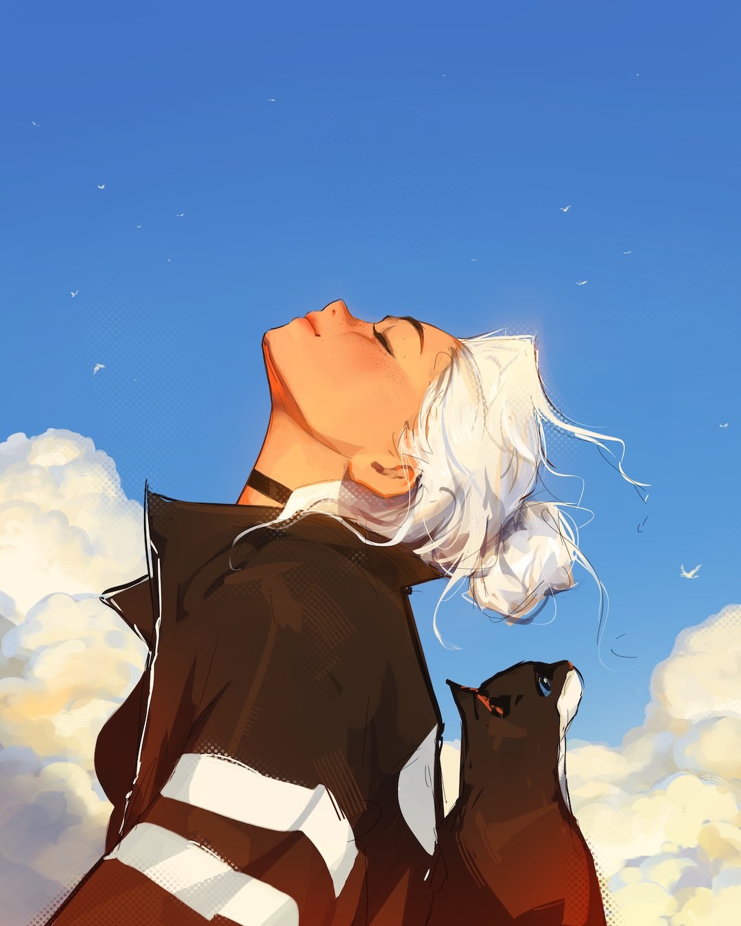 Sam Yang's illustration of a woman and a cat looking up at the sky HD Phone Wallpaper
