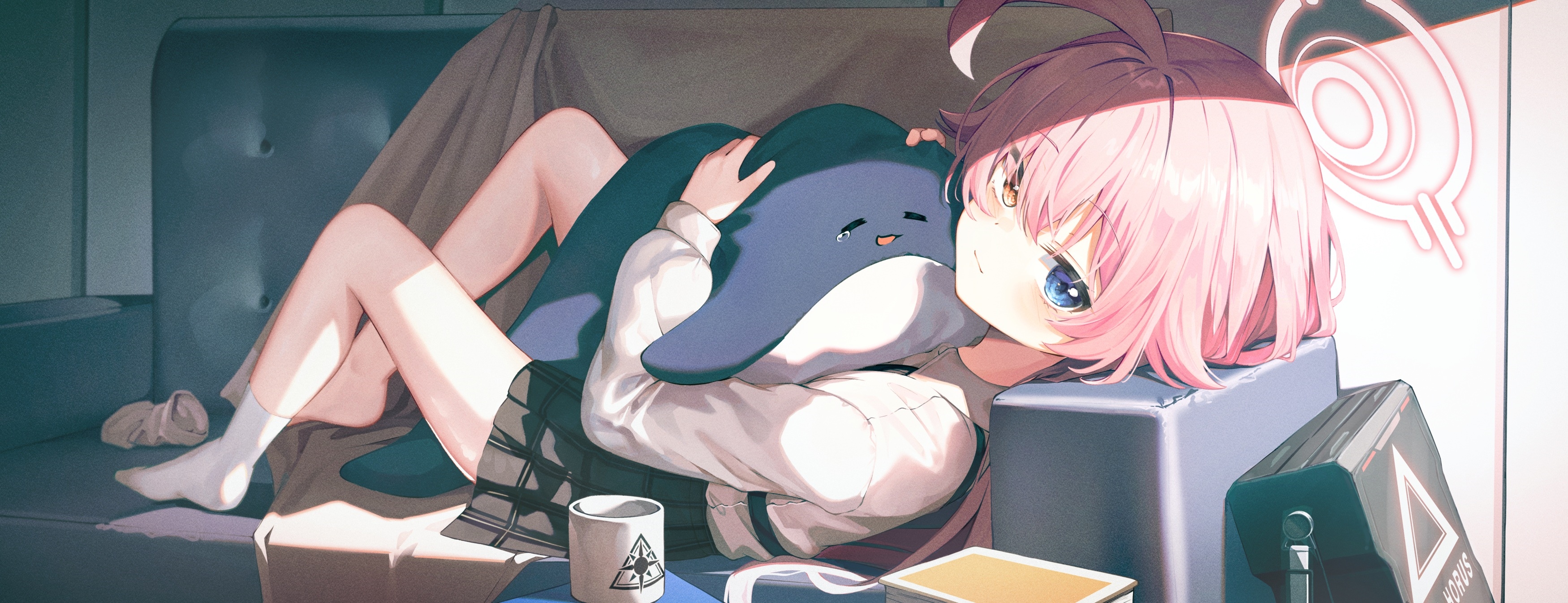 Takanashi Hoshino with a plushie on a couch HD Wallpaper