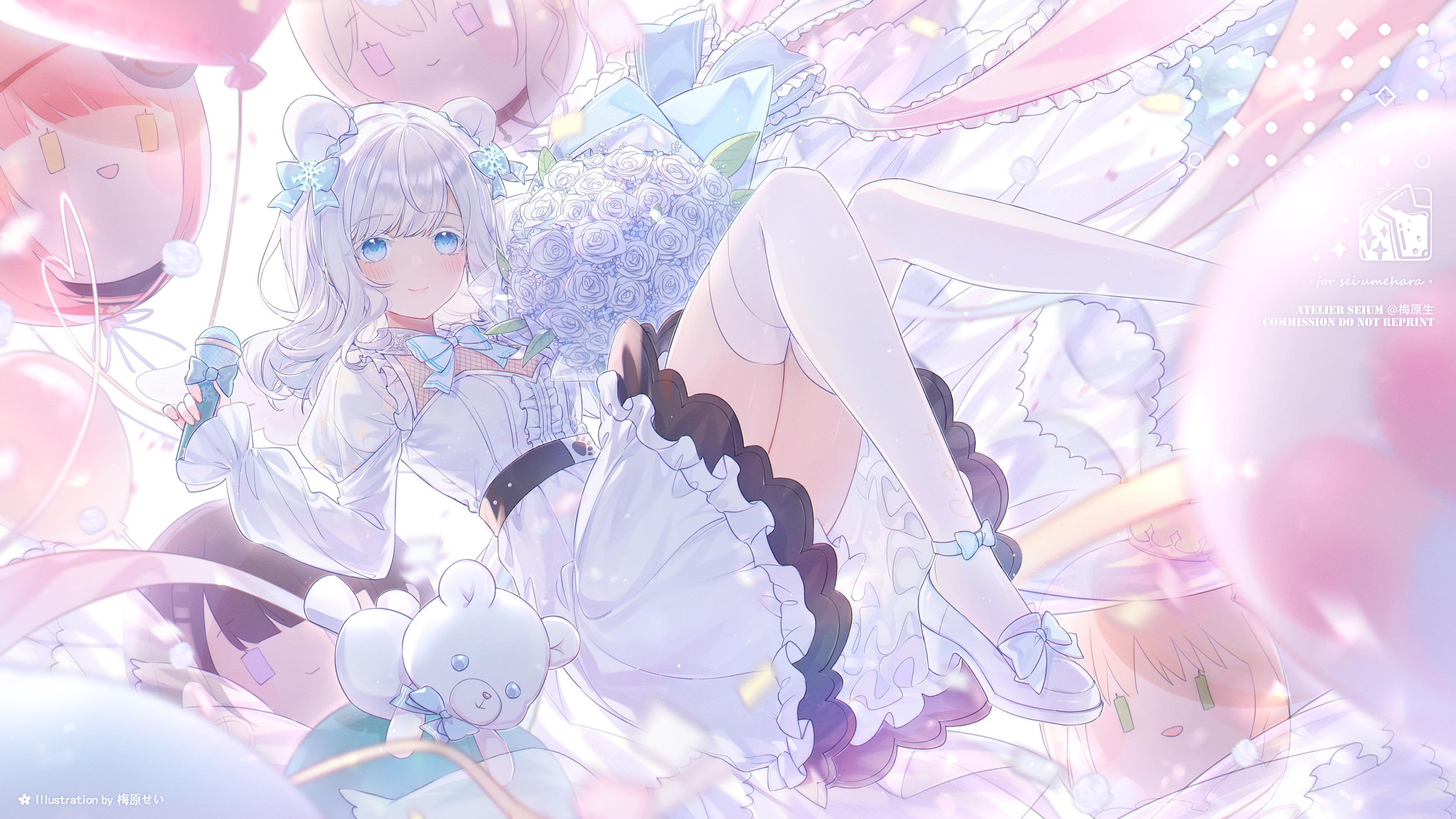 Girl with Blue Eyes and White Hair Holding Flowers and Microphone HD Wallpaper