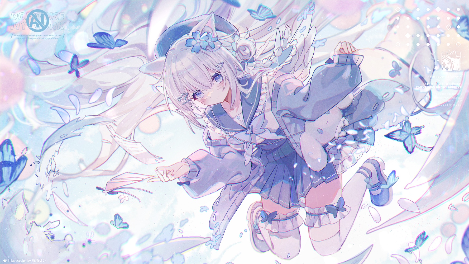 Cat girl with wings and butterflies HD Wallpaper