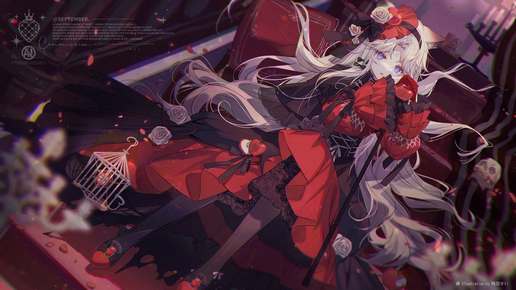 Cat girl in red dress holding an apple with skulls and roses HD Wallpaper