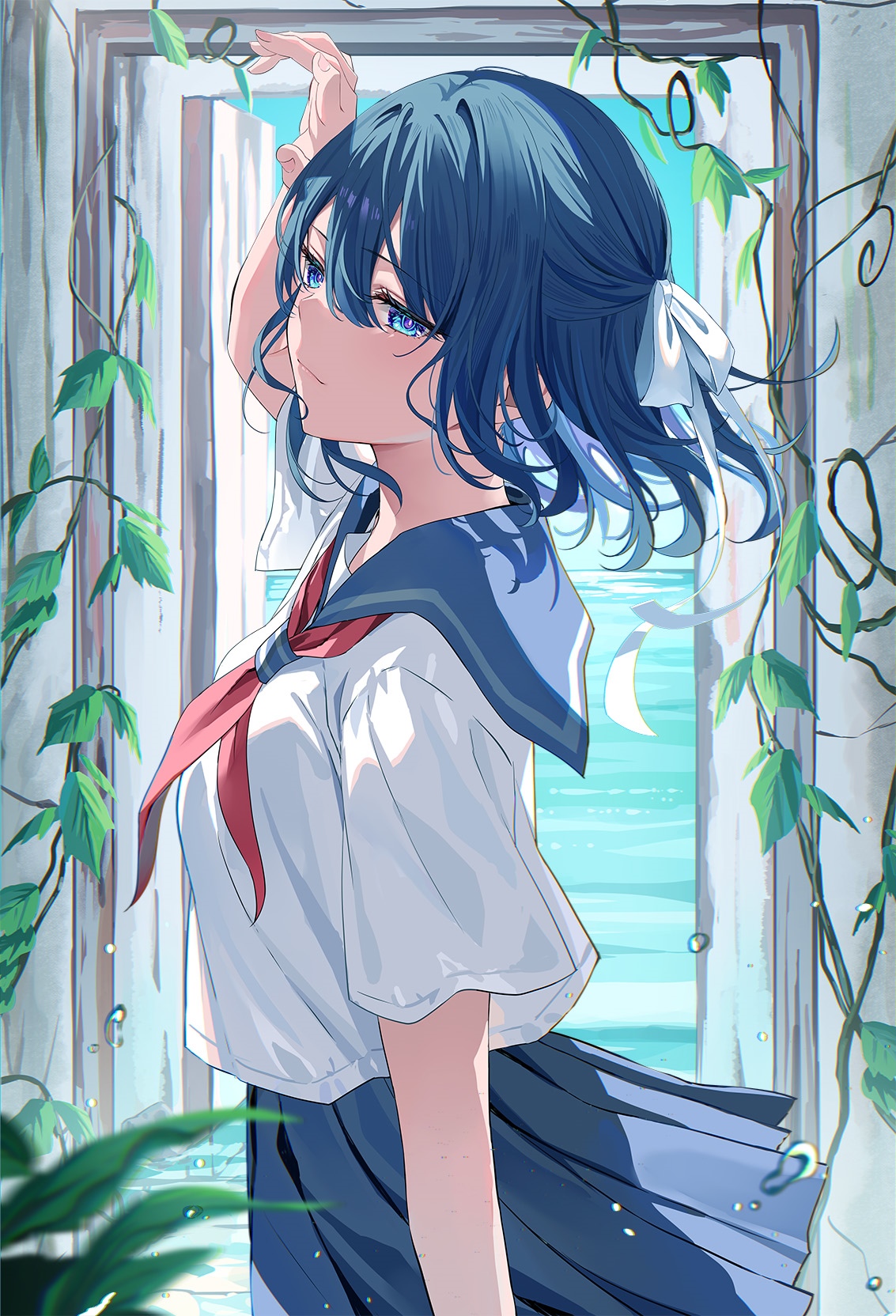 Anime girl with blue hair and blue eyes in school uniform HD Phone Wallpaper