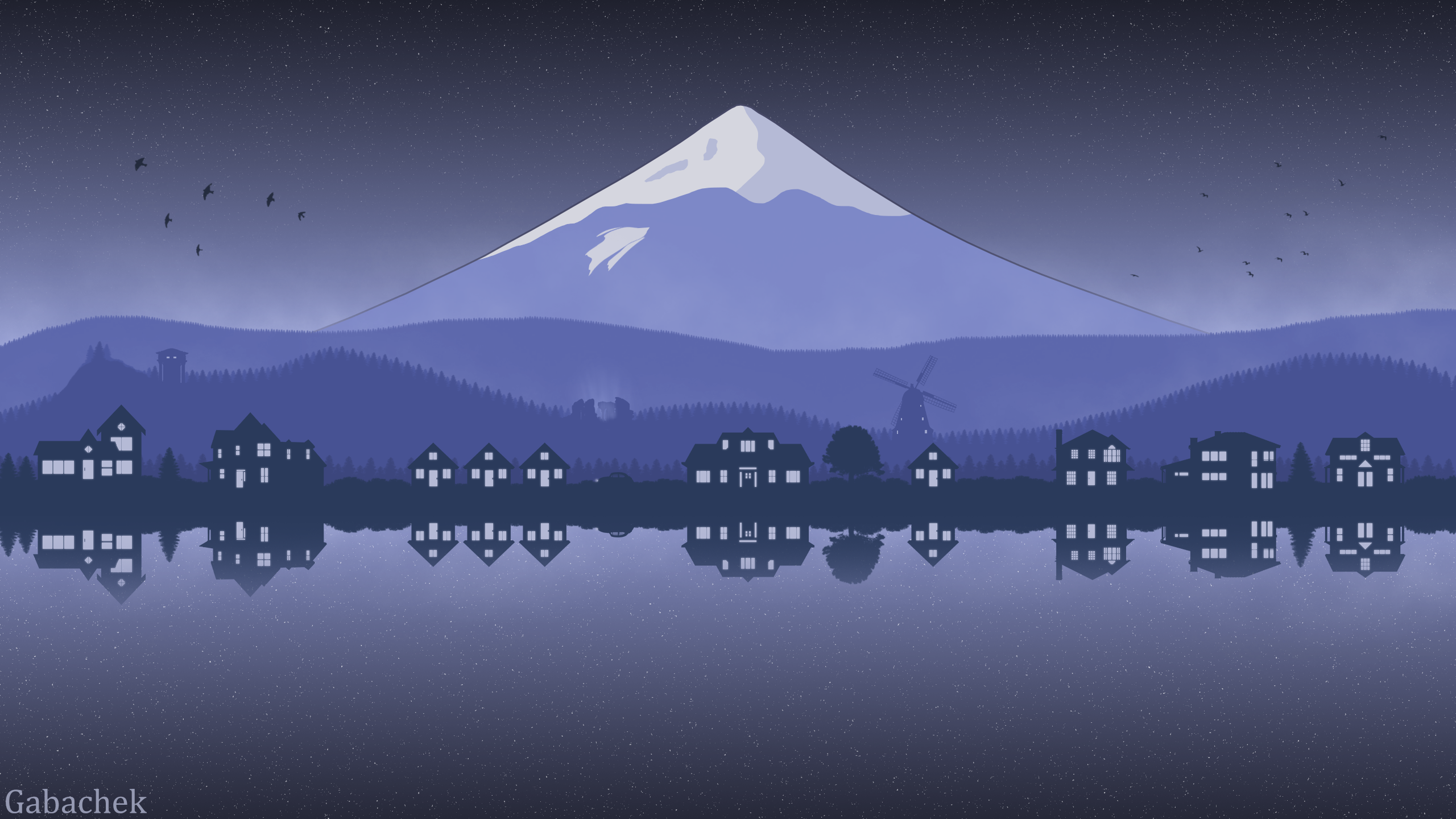 Night landscape with snow-capped mountain and village reflection HD Wallpaper