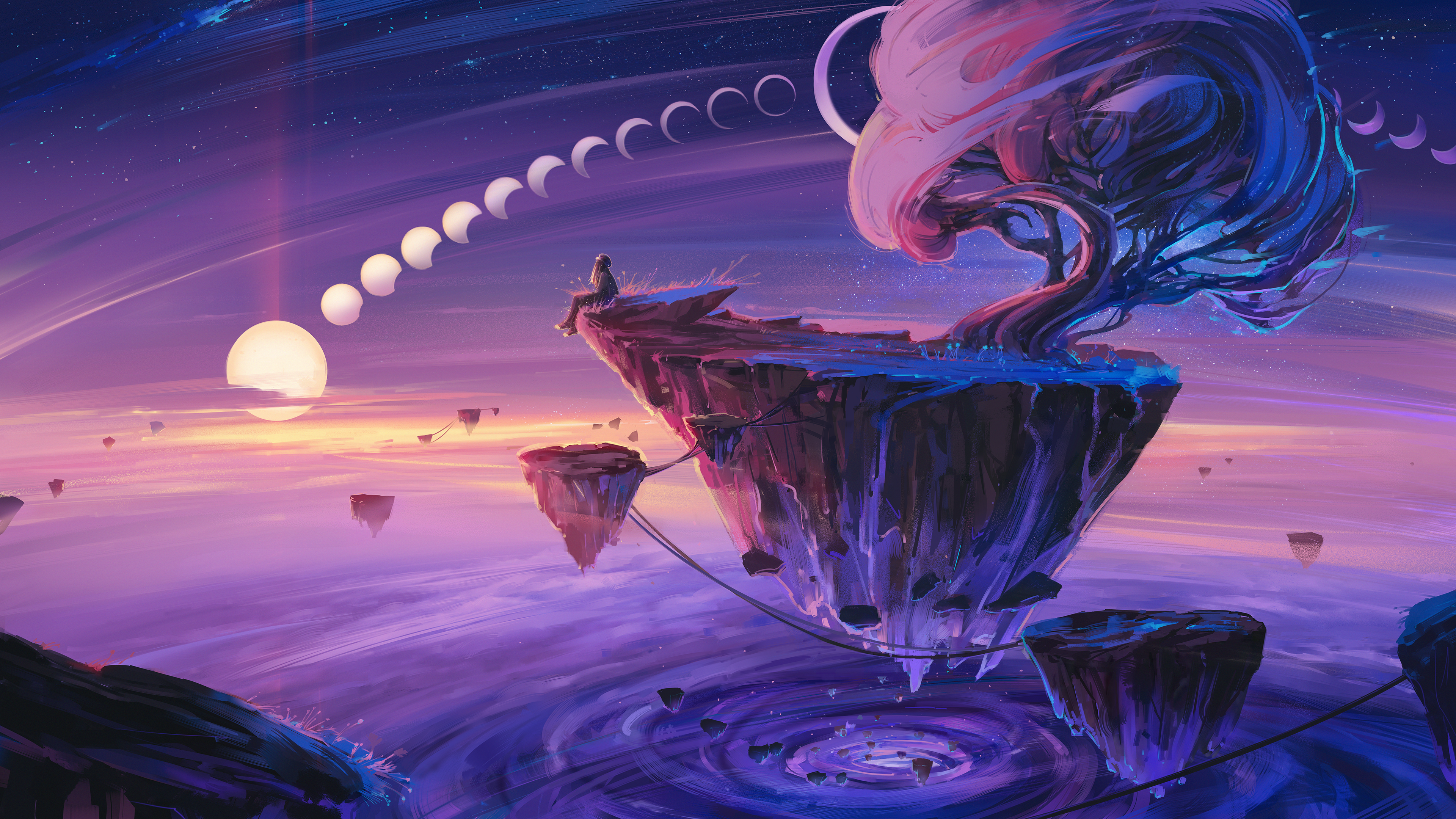 Fantasy landscape with floating islands and a tree HD Wallpaper