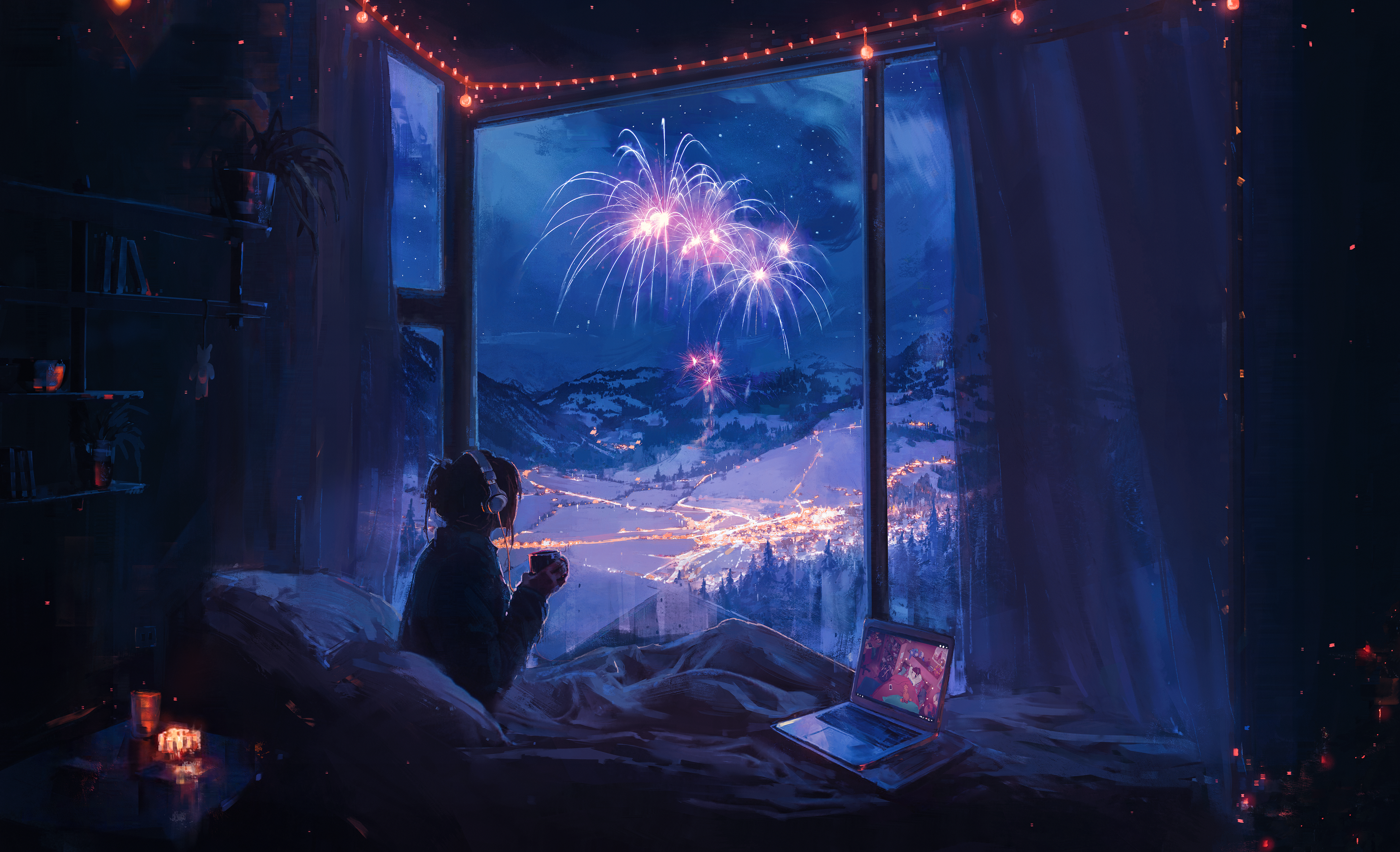 Girl watches fireworks from window with laptop HD Wallpaper