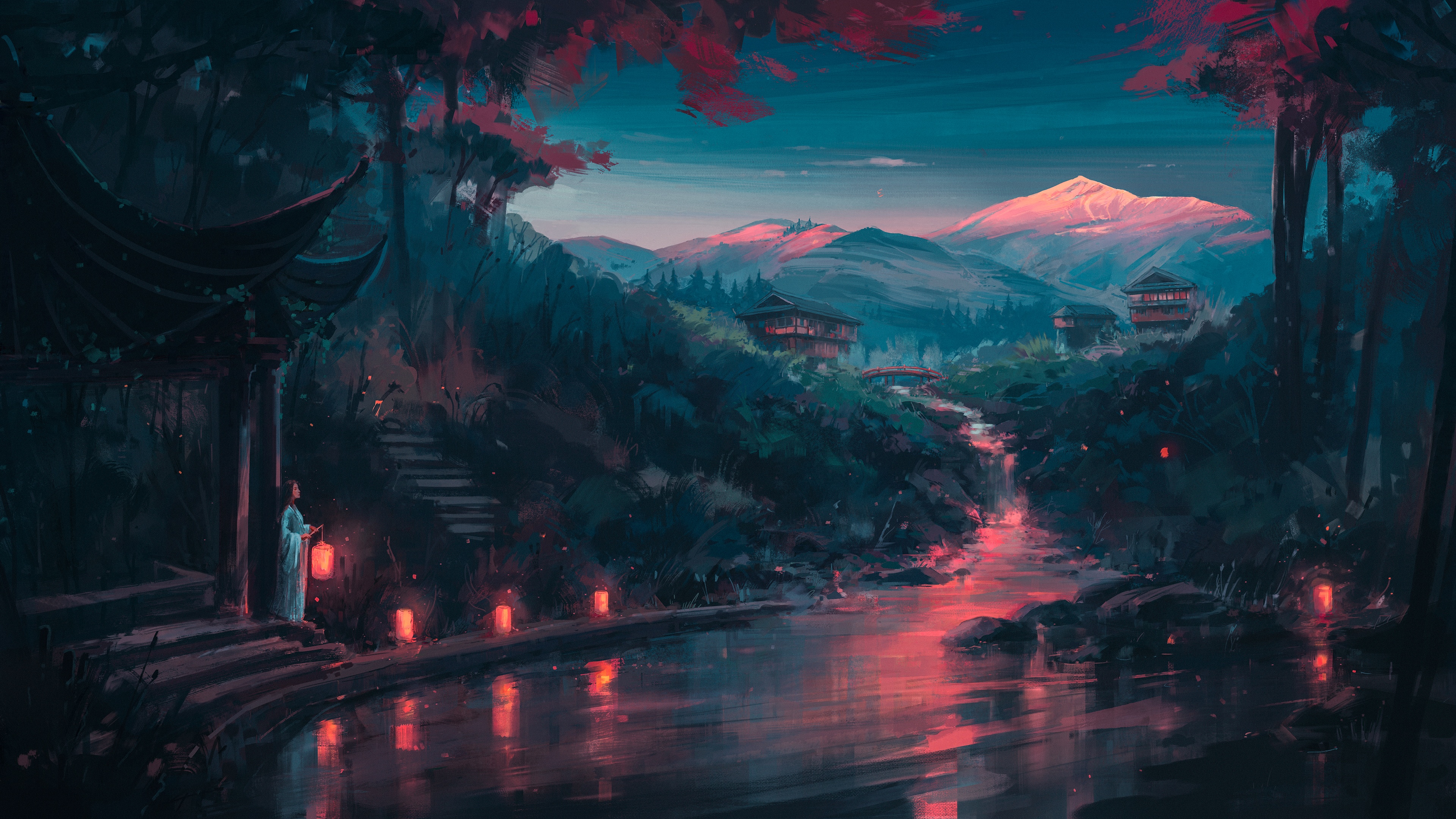 Aenami's painting of a serene mountain landscape HD Wallpaper