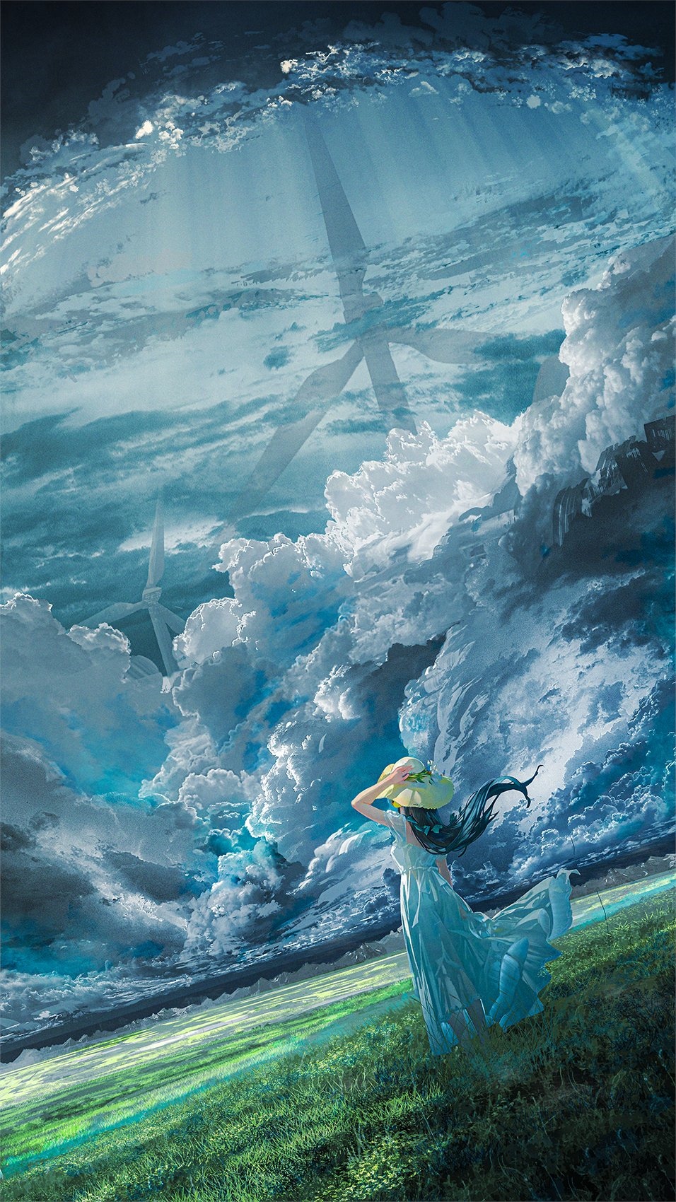 Girl in a sun hat looking at windmills in the clouds HD Phone Wallpaper