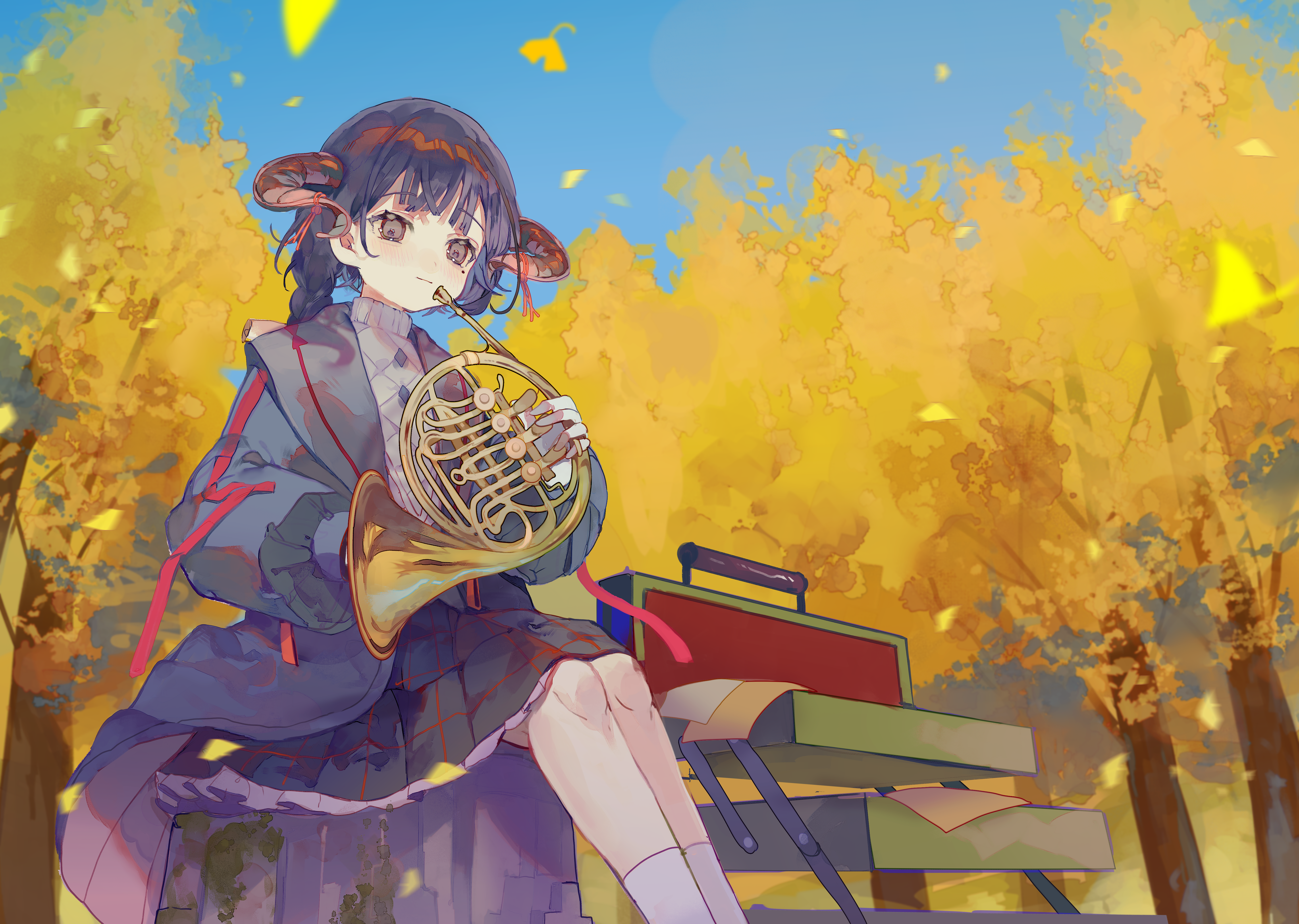 Girl with horns playing a French horn in autumn HD Wallpaper