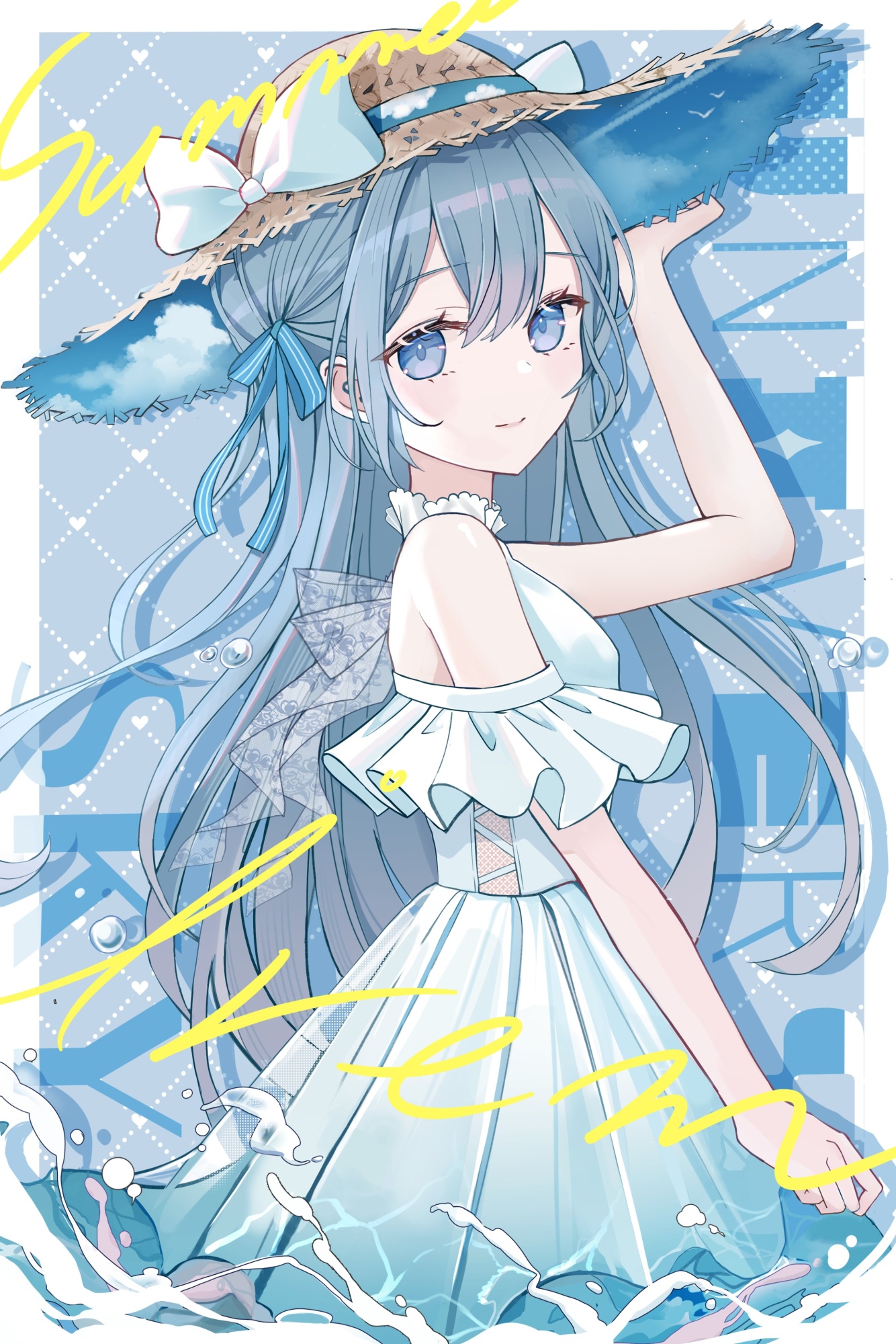 Anime girl with blue hair and hat in summer water HD Phone Wallpaper