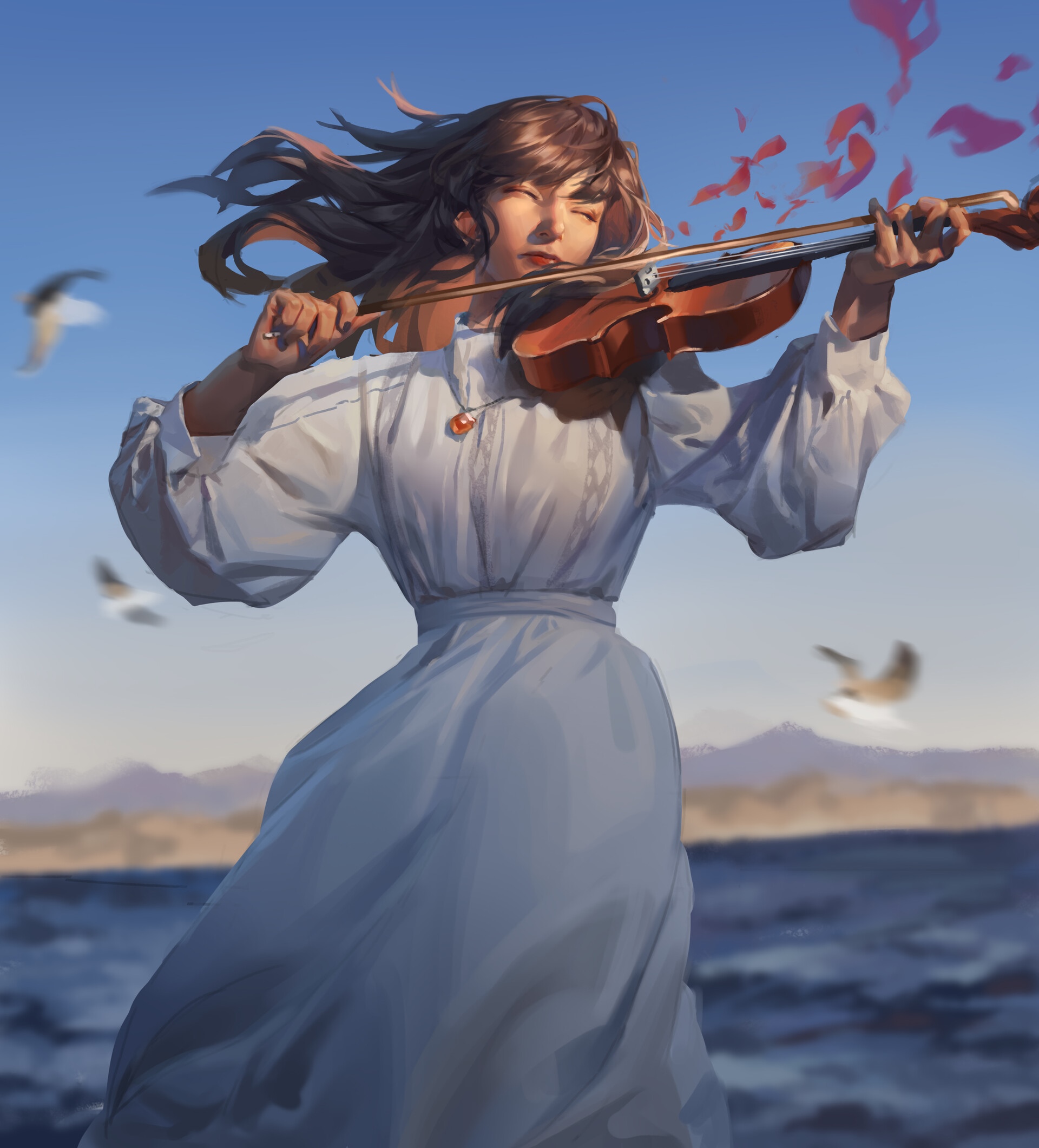 Woman playing violin with petals and birds HD Wallpaper