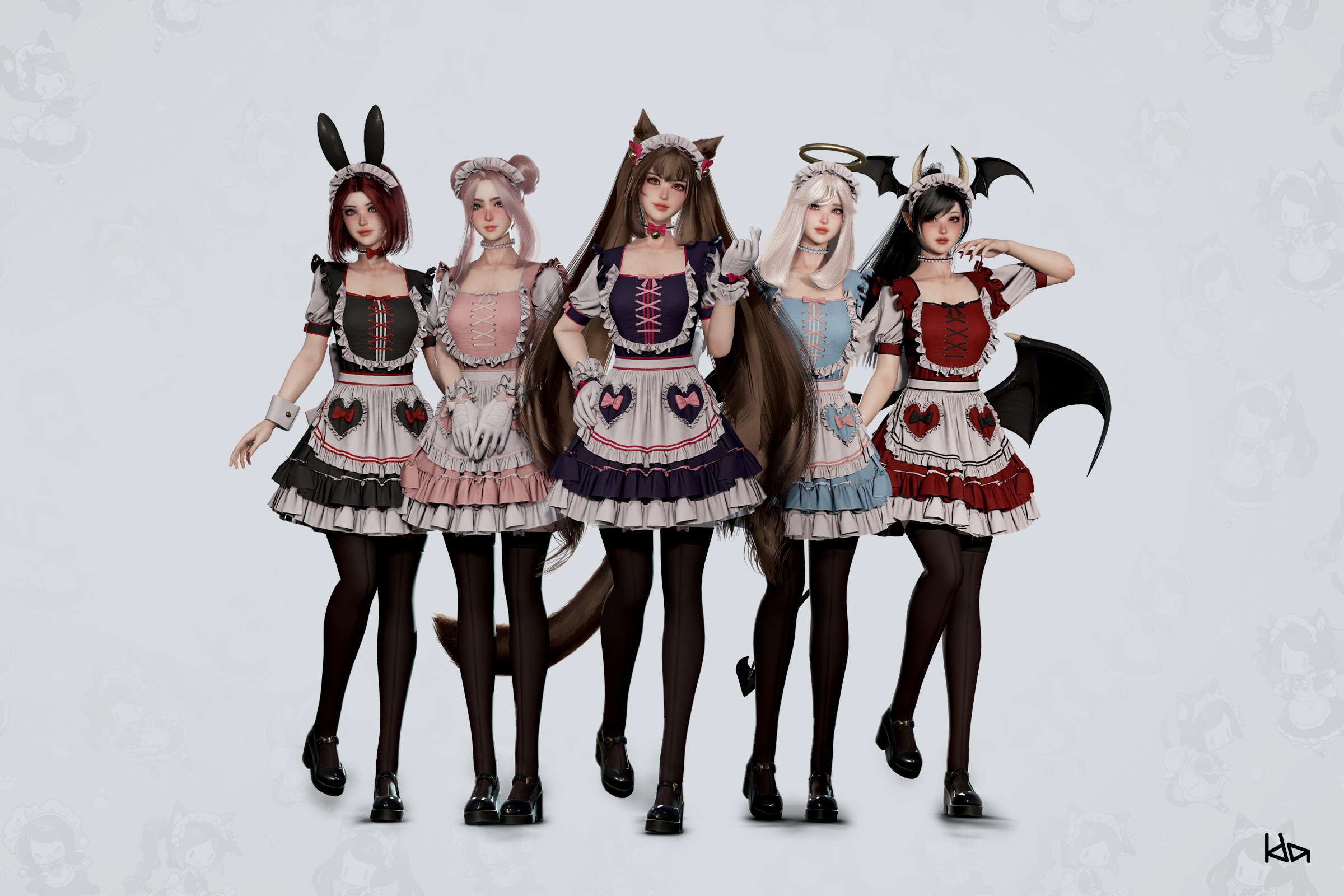 Five women in maid outfits with animal ears HD Wallpaper