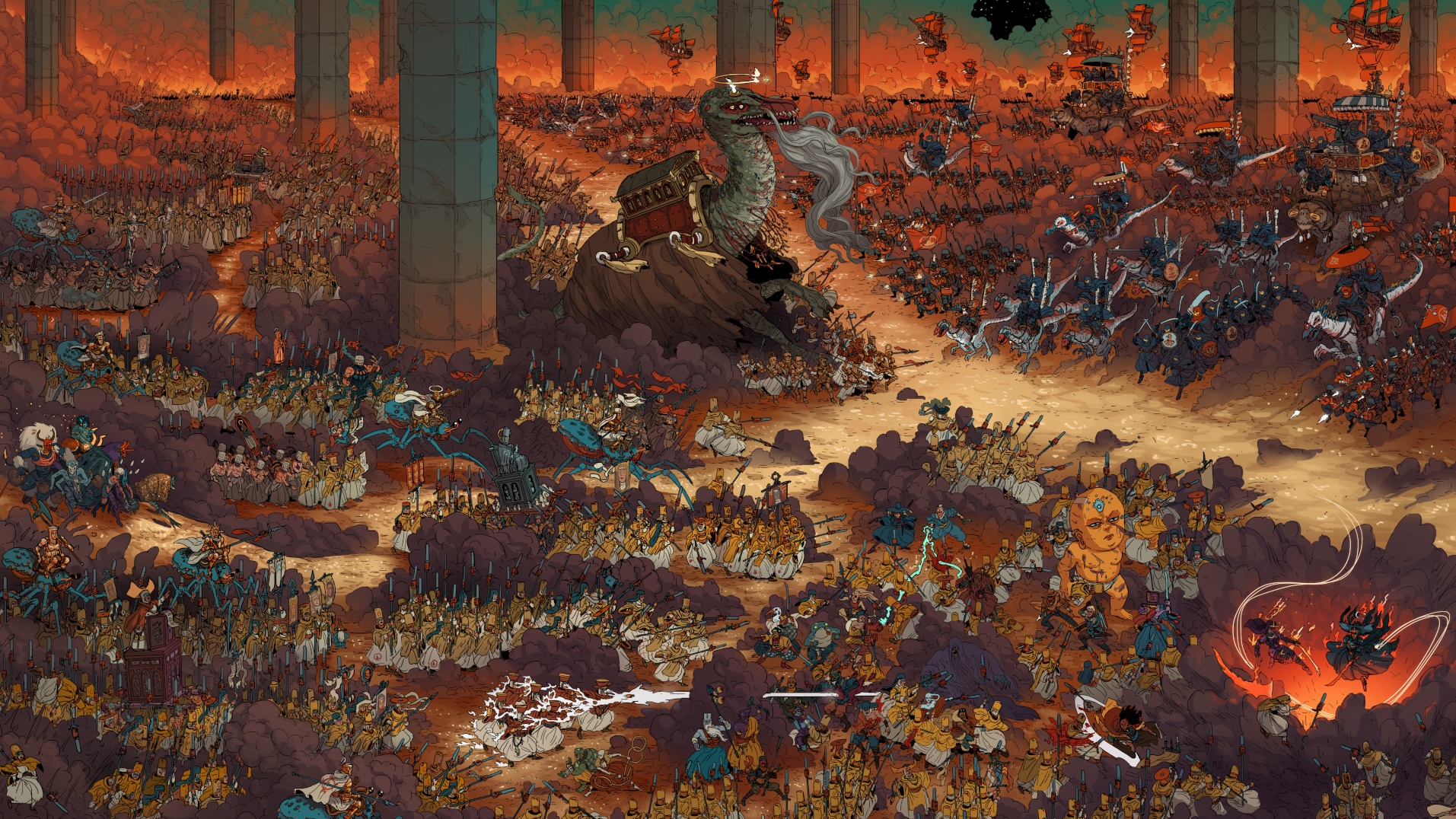 Massive fantasy battle with diverse armies and creatures HD Wallpaper