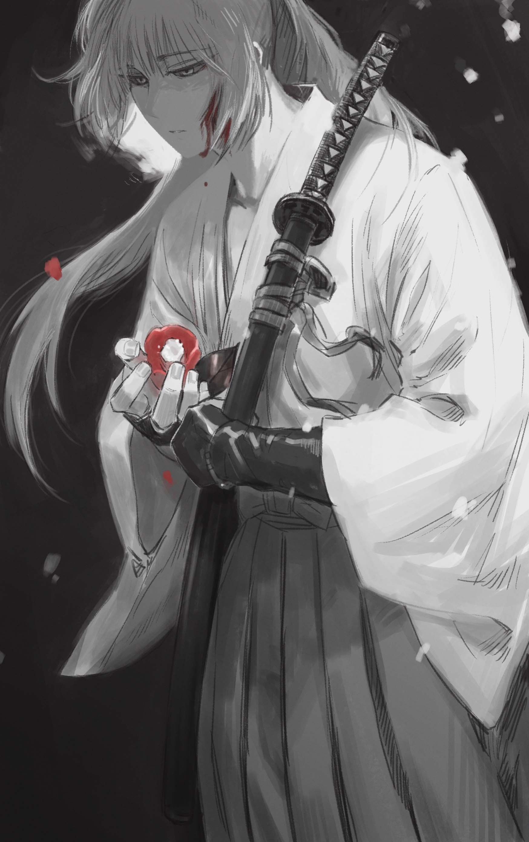 Himura Kenshin holding a red flower with blood HD Phone Wallpaper