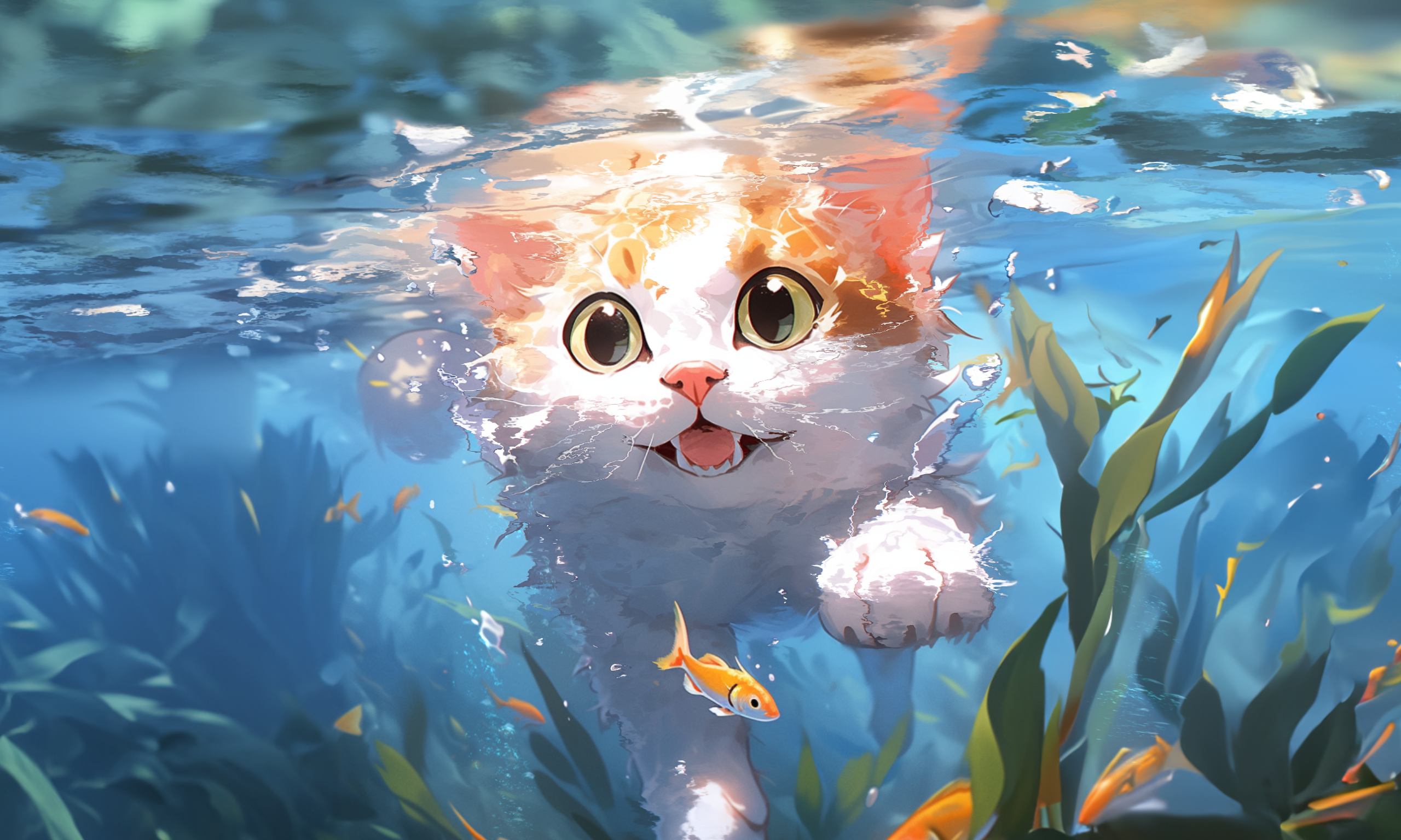 A cat swims underwater with fish and seaweed HD Wallpaper