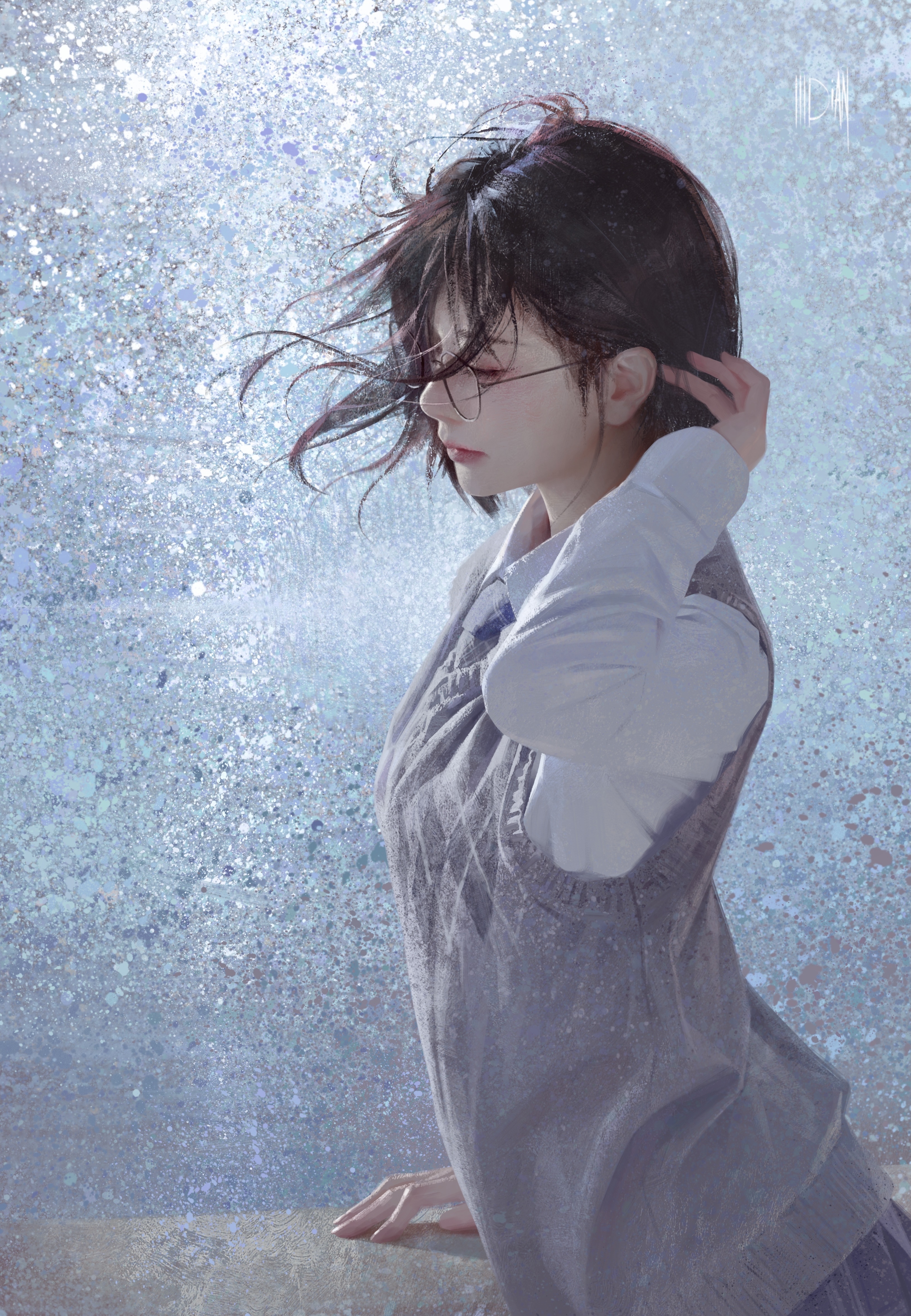 Artwork of a woman with glasses and dark hair HD Phone Wallpaper
