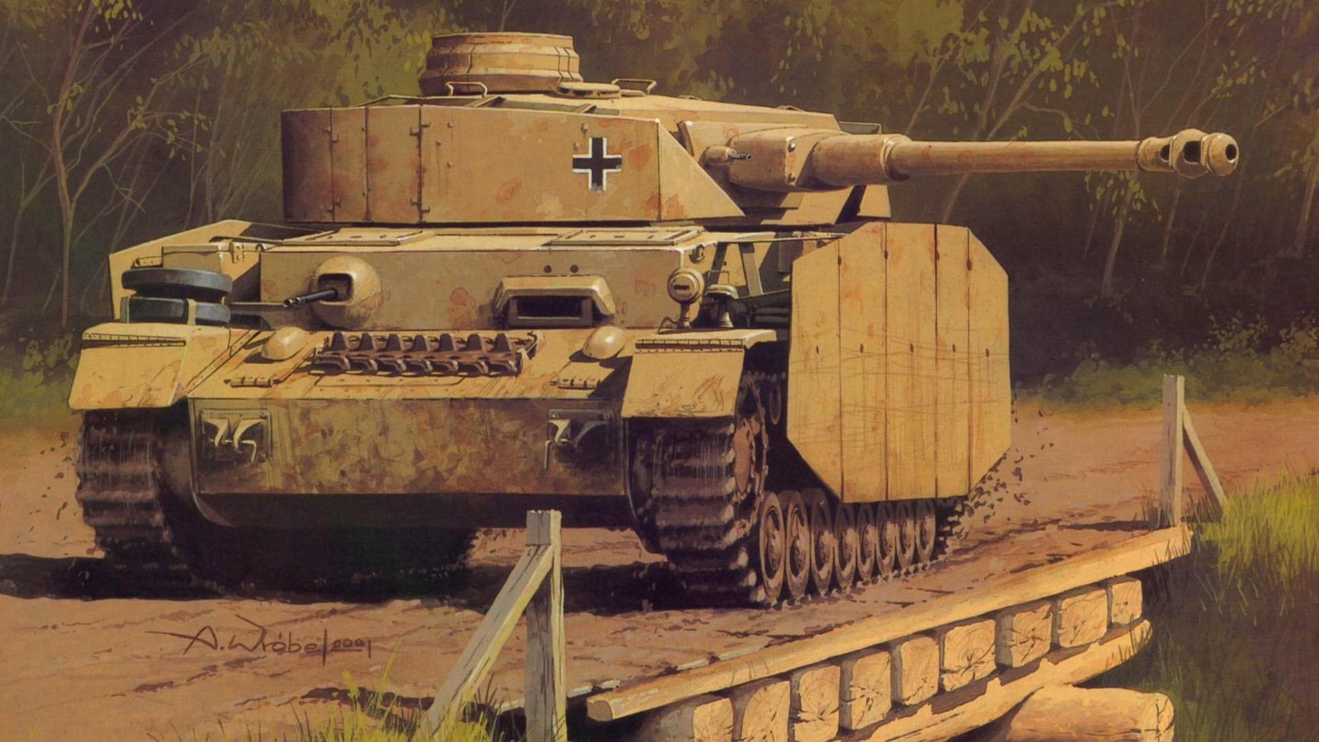 Panzer IV tank crossing a wooden bridge HD Wallpaper