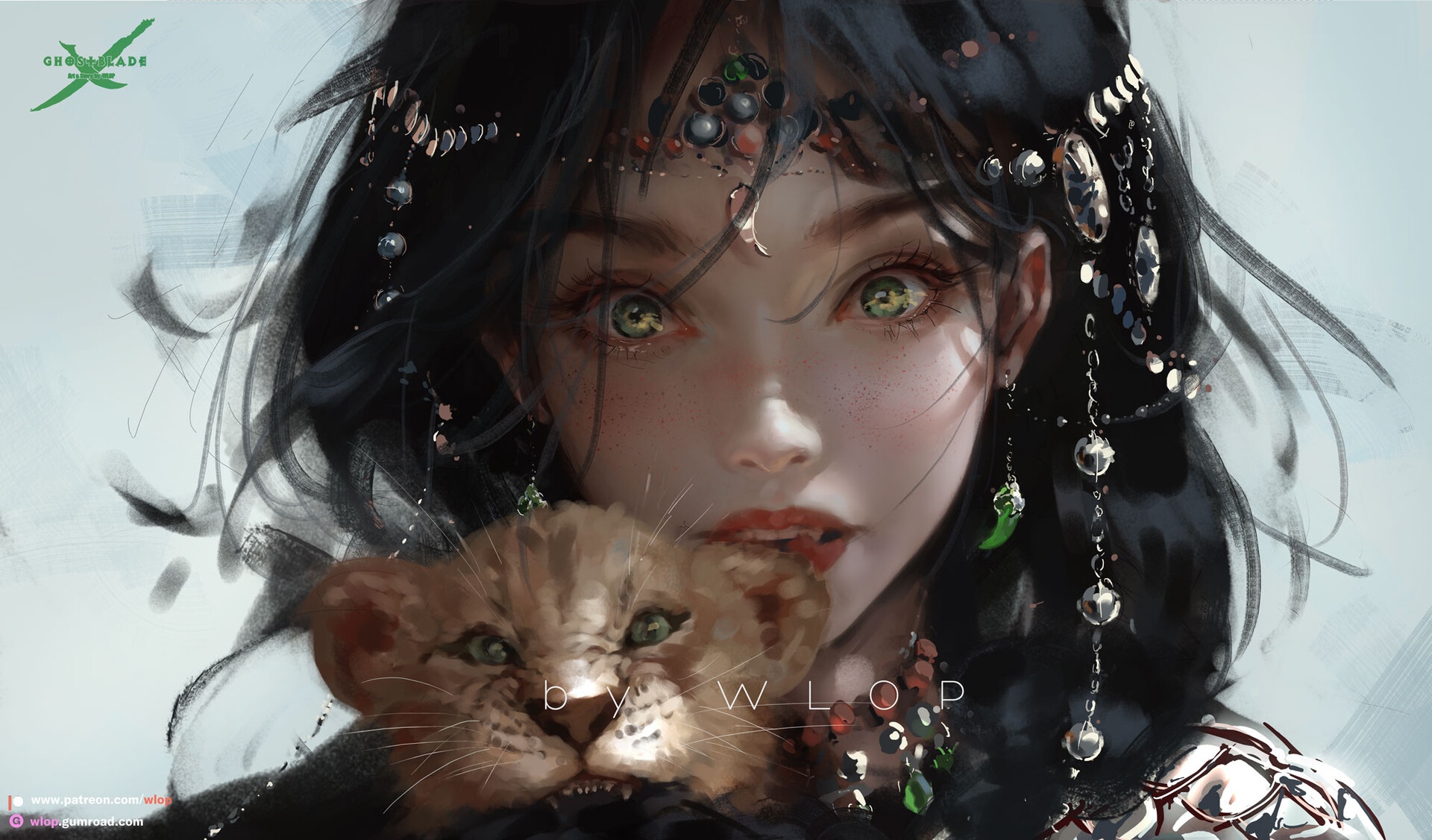 Woman with lion cub and jewelry by WLOP HD Wallpaper