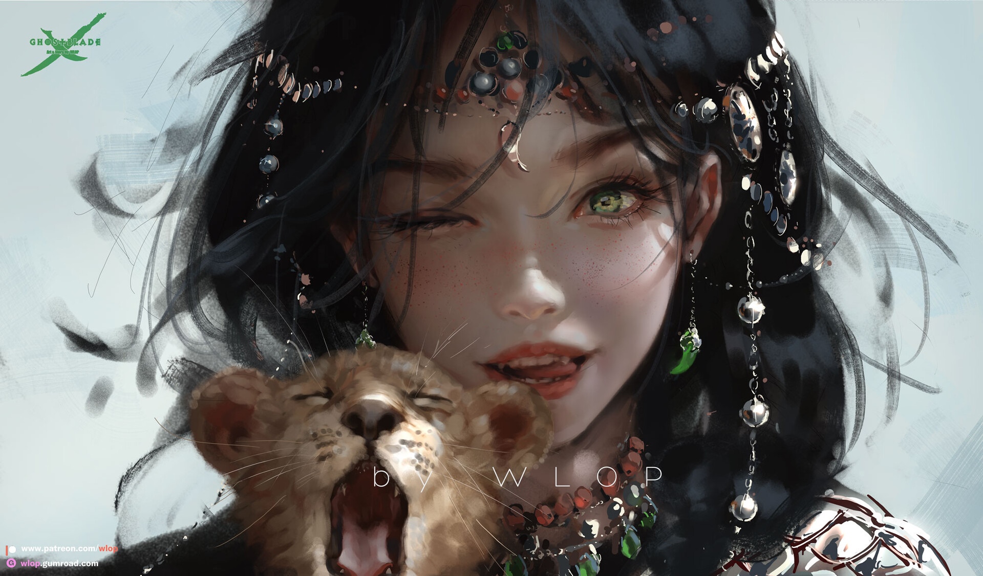 Woman with lion cub by WLOP HD Wallpaper