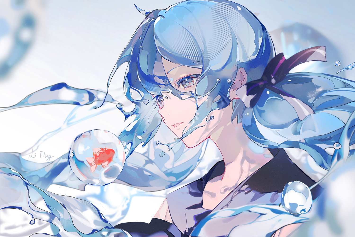 Anime girl with blue hair and blue eyes surrounded by water HD Wallpaper