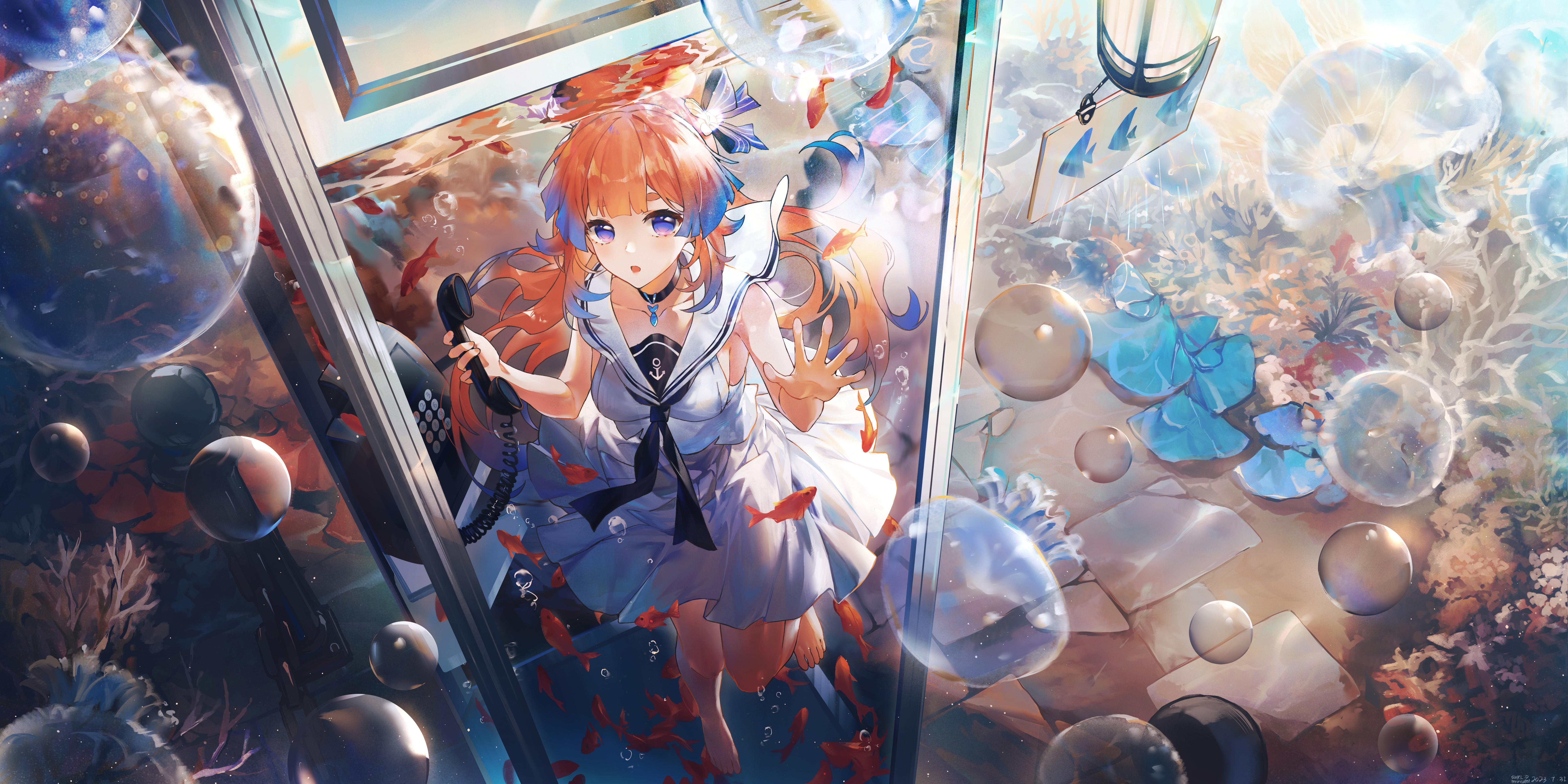 Sangonomiya Kokomi in a sailor uniform with fish and bubbles HD Wallpaper