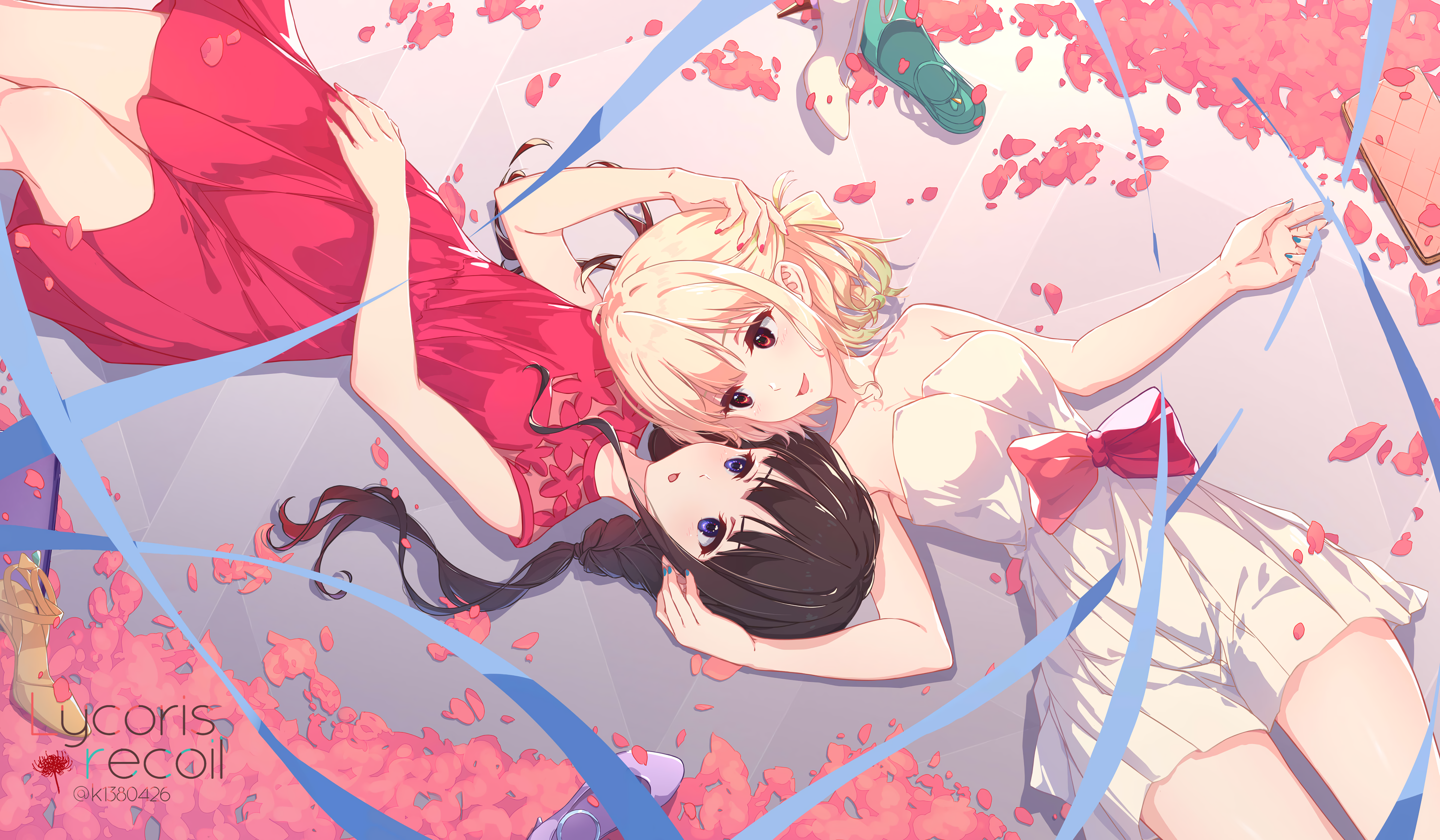 Lycoris Recoil: Chisato and Takina lying down with petals HD Wallpaper
