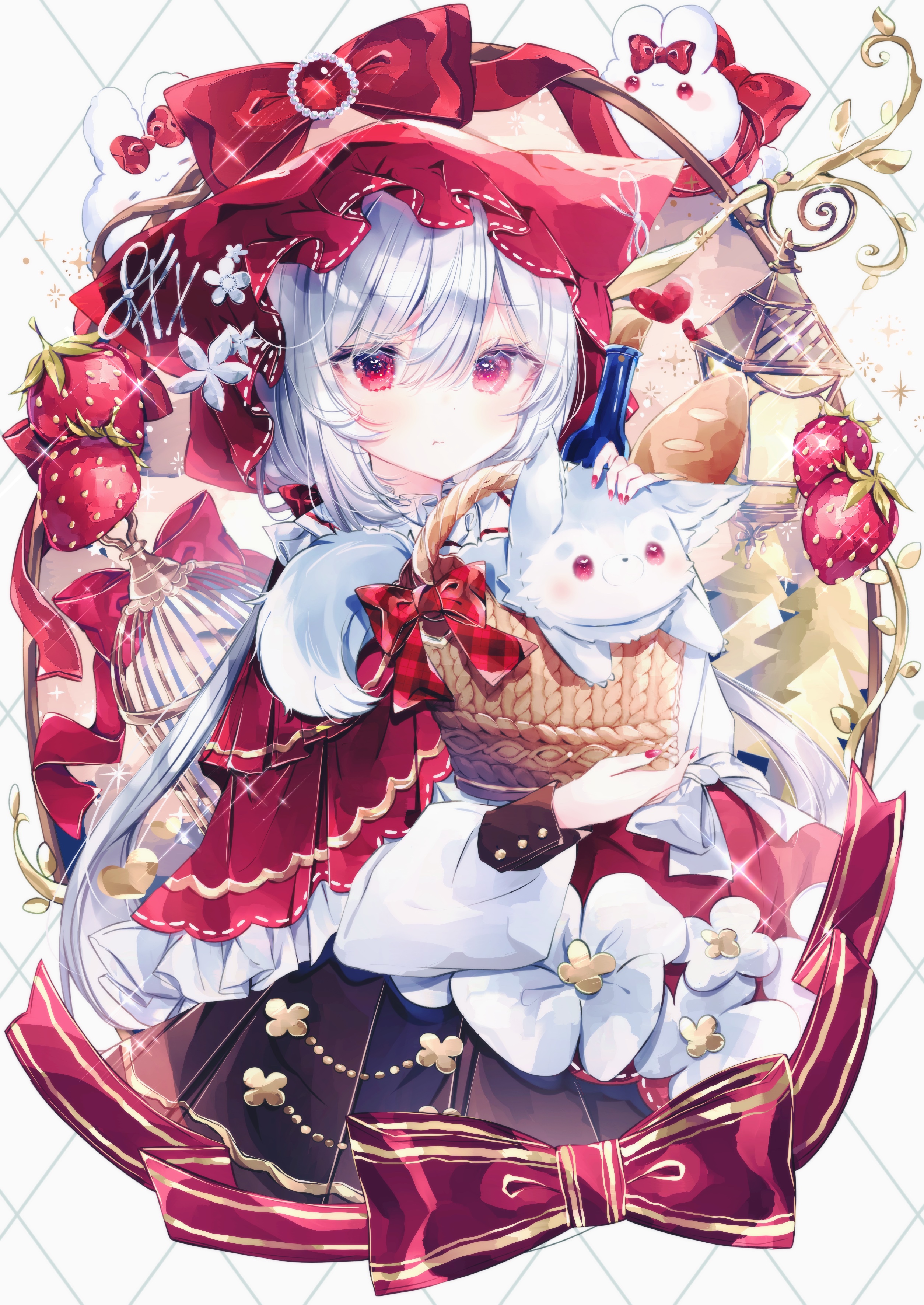 Girl with silver hair and red eyes holding a basket with a fox HD Phone Wallpaper