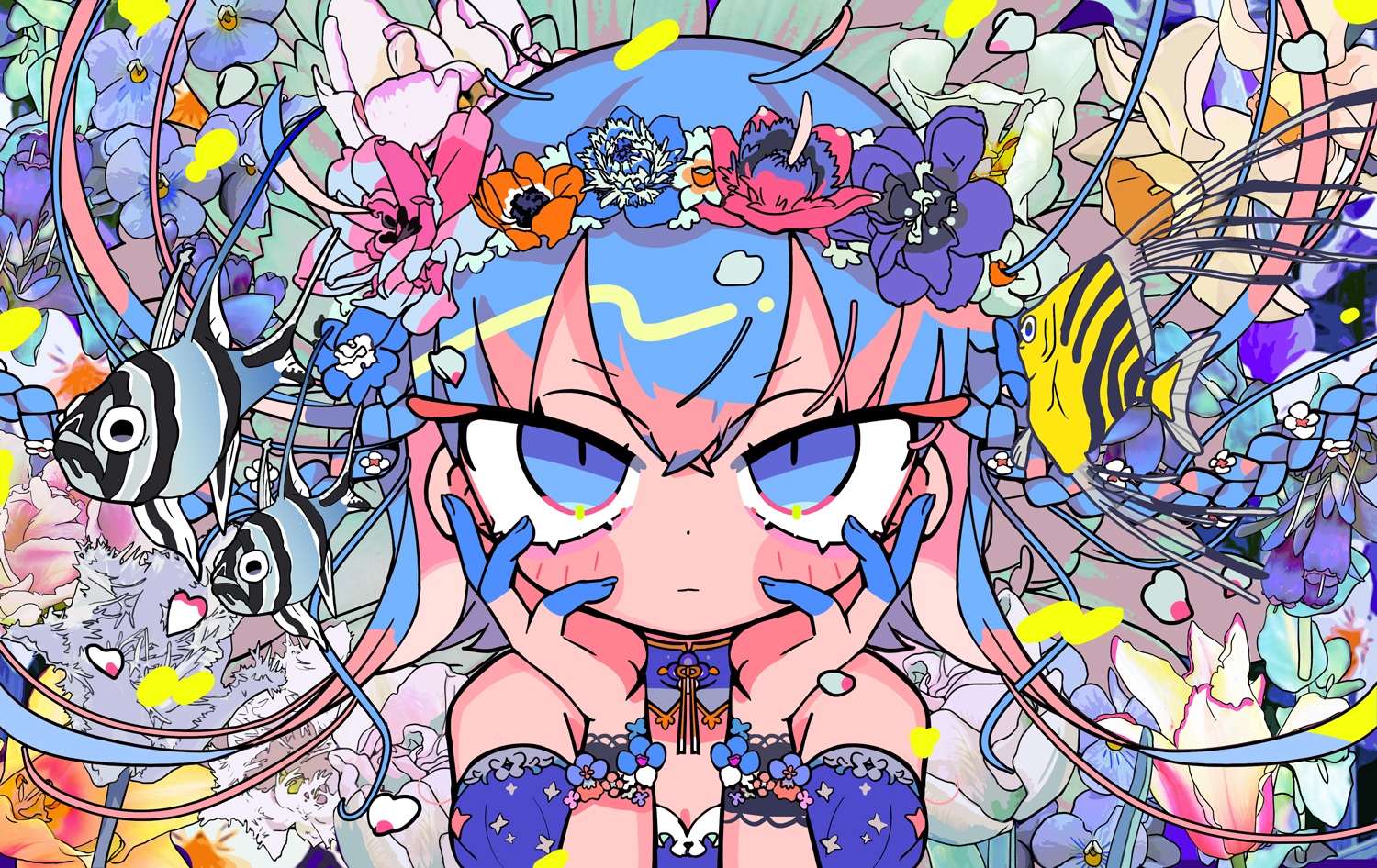Anime girl with blue hair and flowers in her hair HD Wallpaper