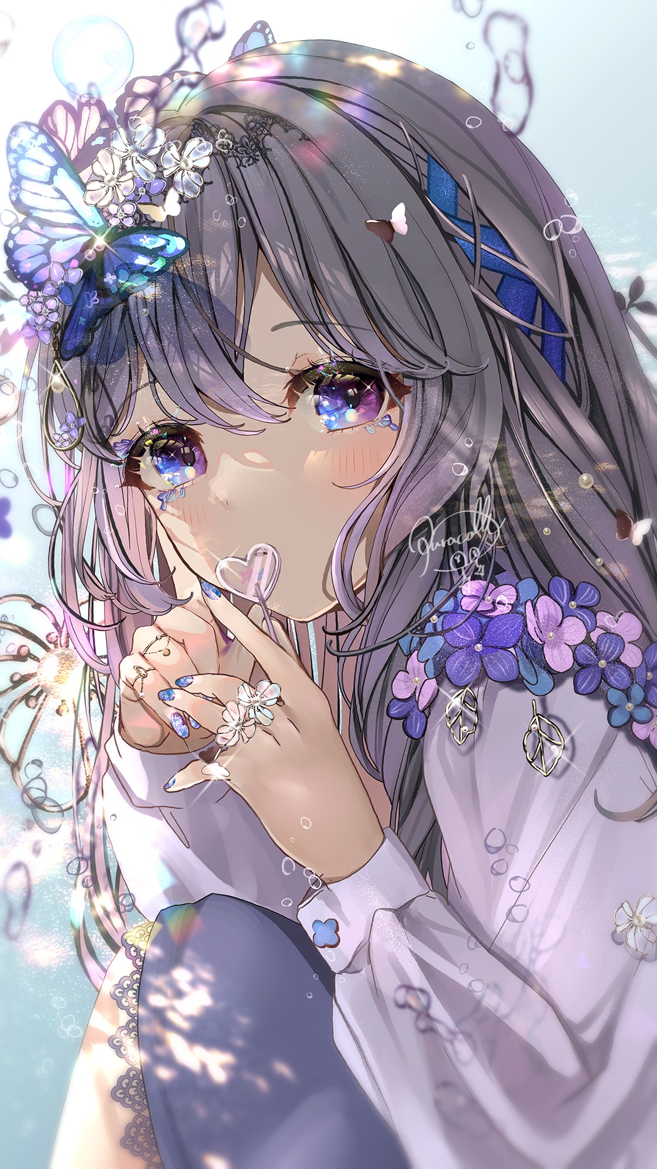 Anime girl with butterflies and flowers in hair HD Phone Wallpaper