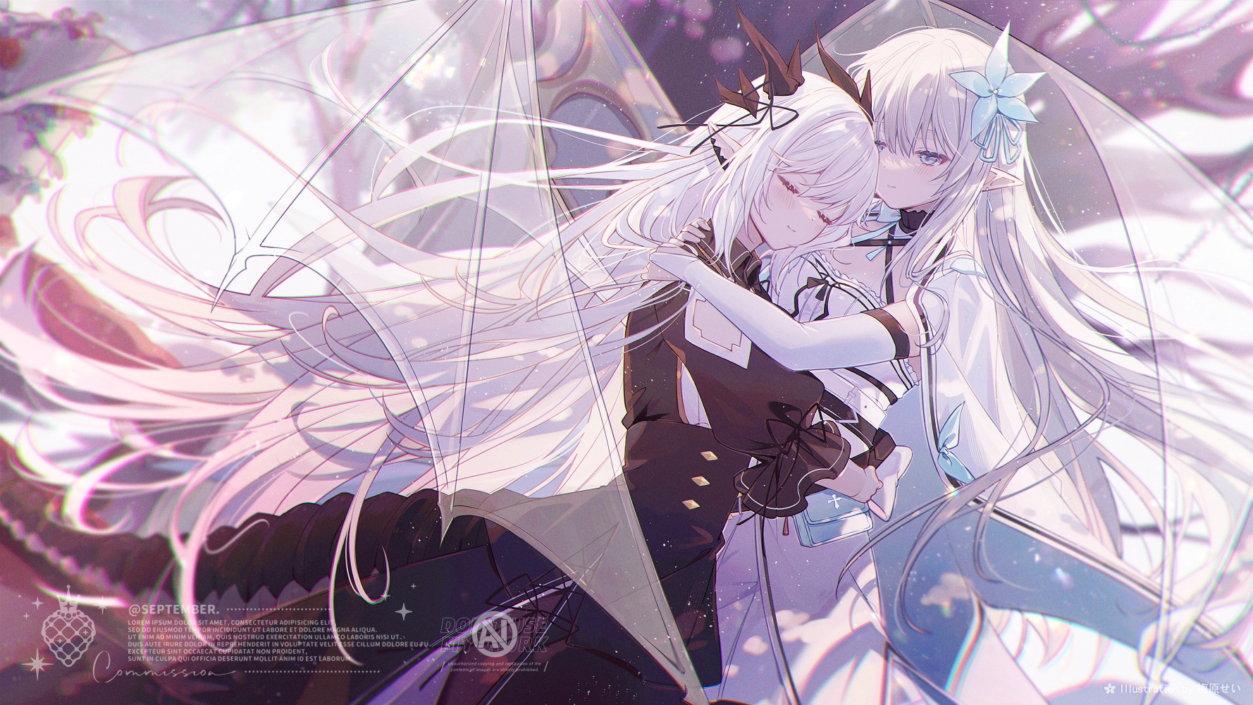 Two anime girls hugging with white hair and flowers HD Wallpaper