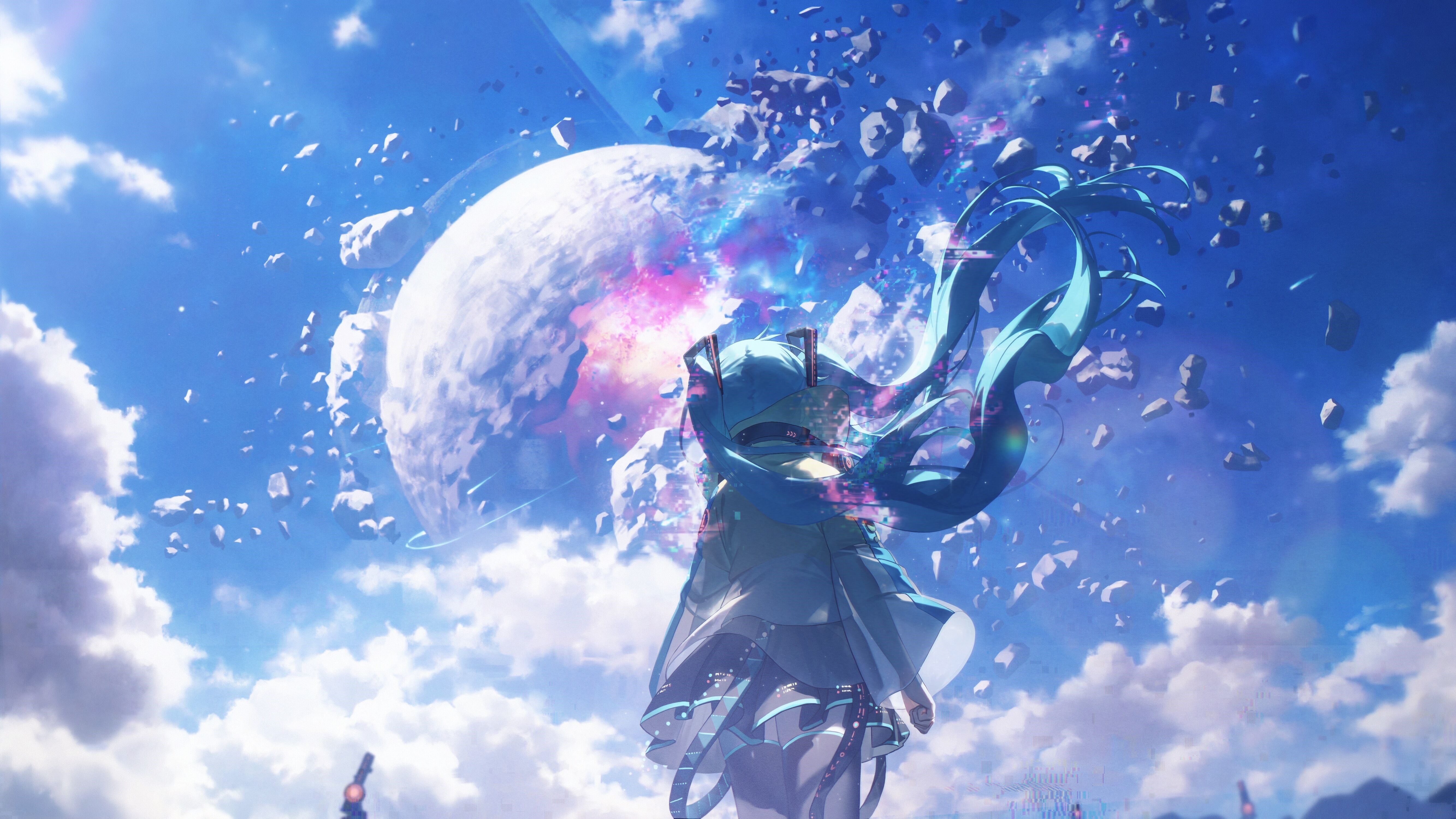 4K Hatsune Miku looking up at a breaking planet HD Wallpaper