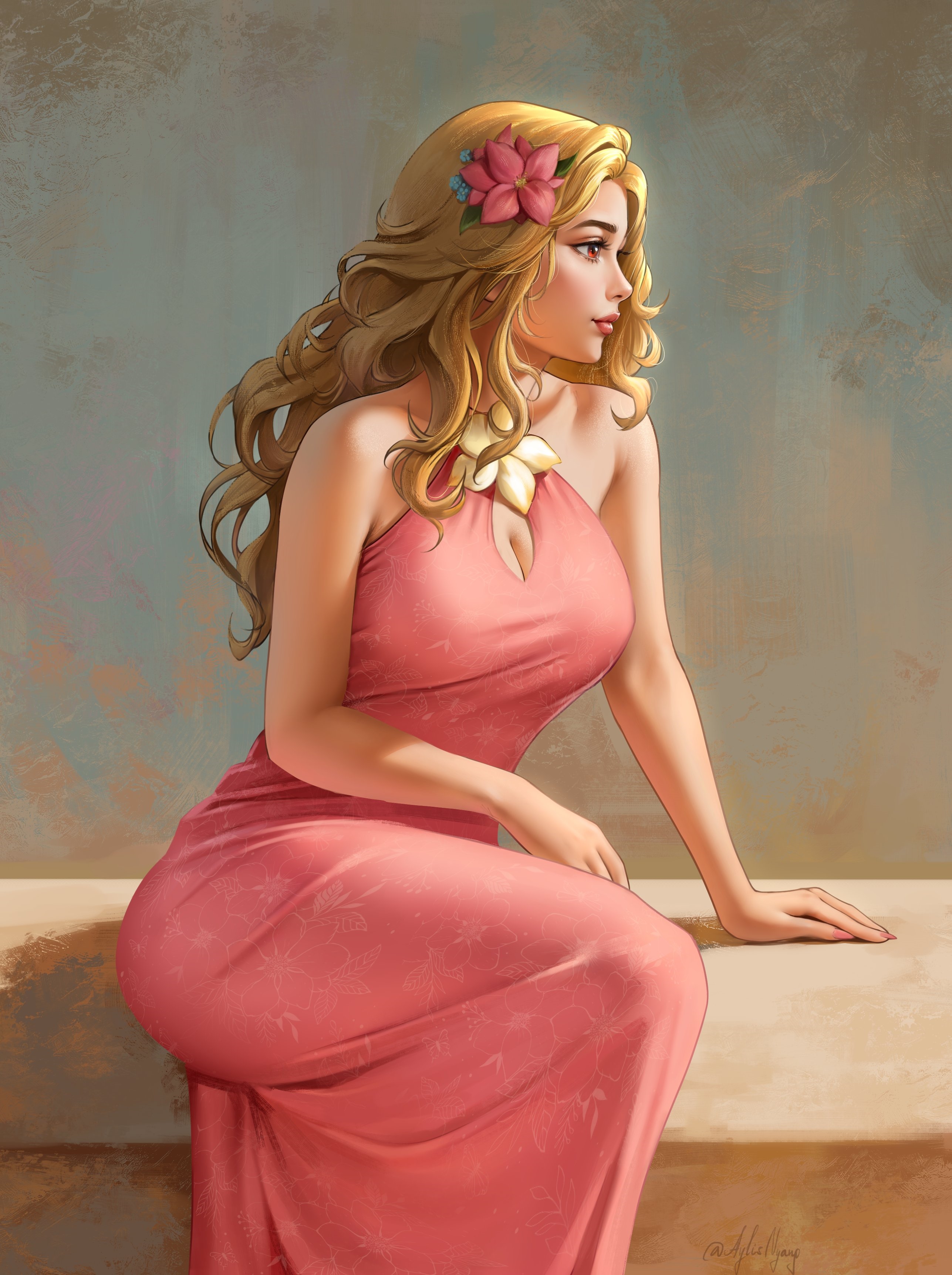 Woman with blonde curly hair in a pink dress HD Phone Wallpaper