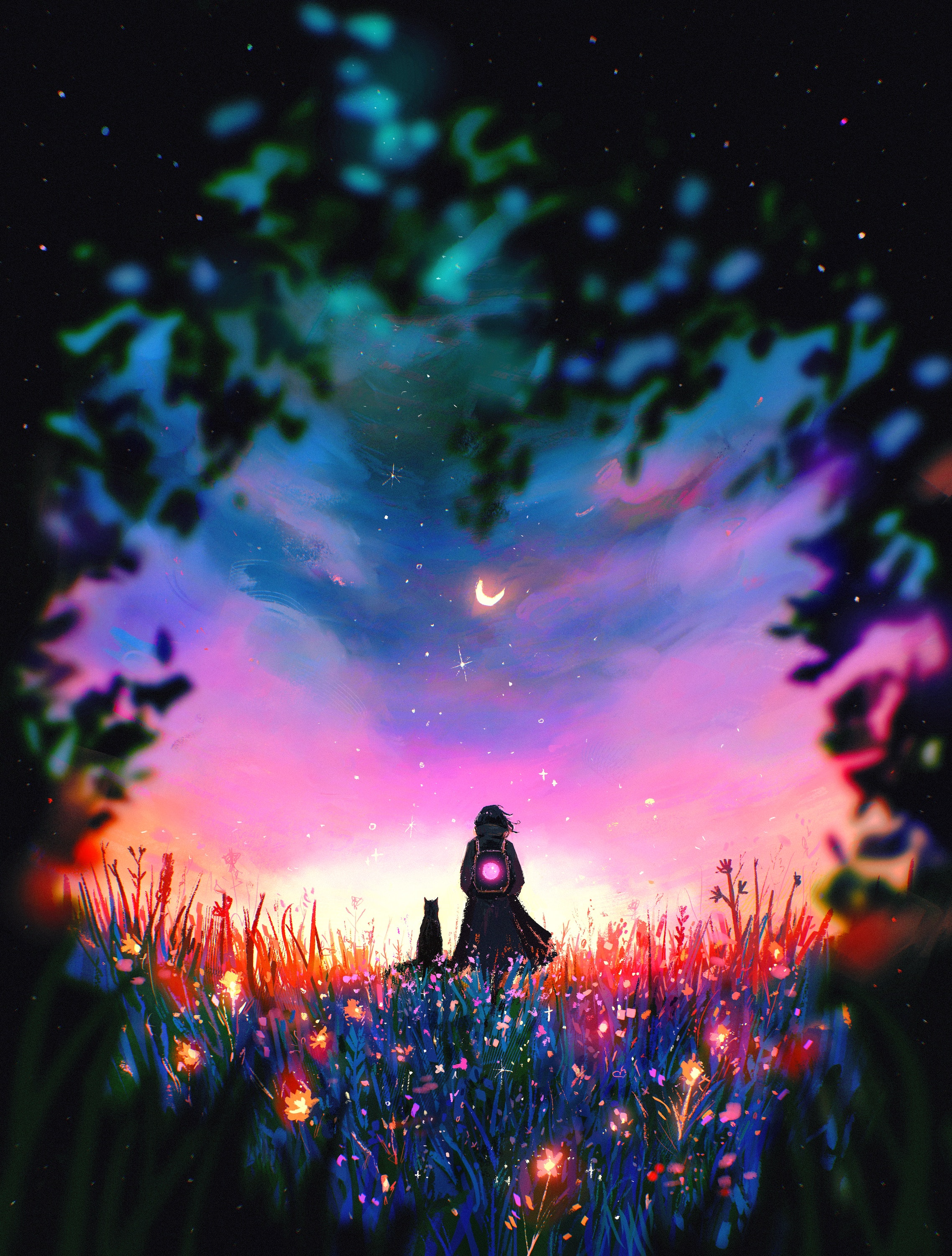 Girl and cat in a field under a crescent moon HD Phone Wallpaper